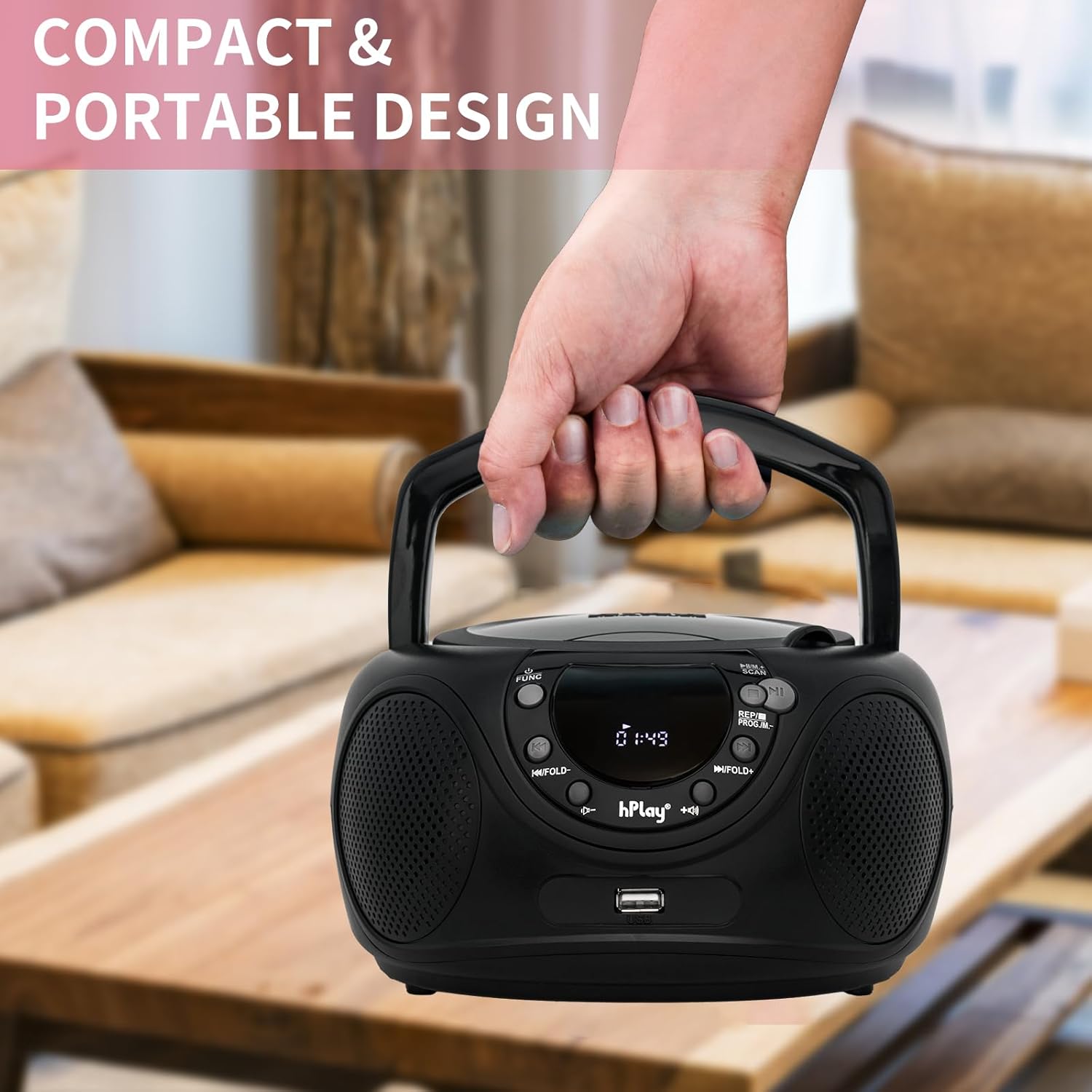 hPlay Portable CD Player Boombox, CD, CDR and MP3-CD, Digital FM Tuning Radio, Bluetooth, USB and Aux Line-in, Headphone Jack & Foldable Handle - Compact AC or Battery Powered Audio Player (Black)