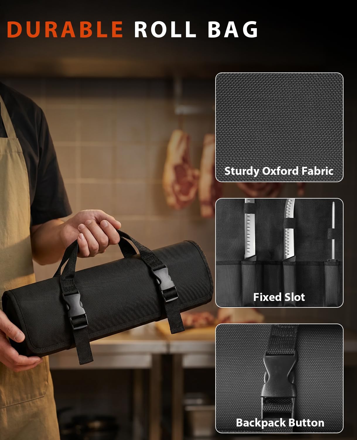 MOSFiATA Set Coltelli Macellaio con Borsa Trasporto: Coltello Prosciutto 30cm, Macellaio 25cm, Disossatore 15cm, Acciaino Affilatore, Ideale per Uso Domestico Cucina e Barbecue All’Aperto