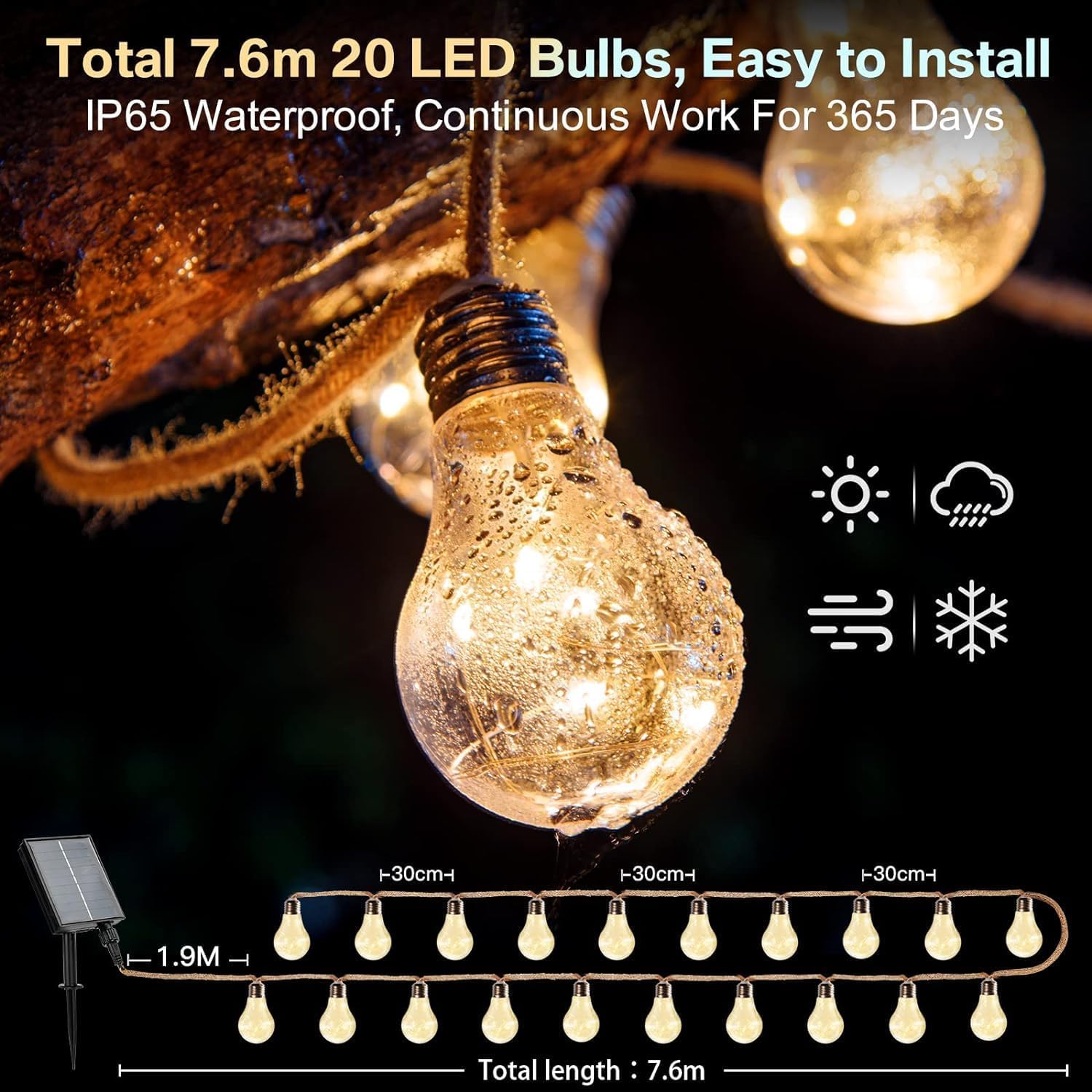 luci da esterno giardino,Ricarica solare USB catena luminosa esterno,8 modalità luci solari per giardino,20 sfere di cristallo LED luci decorative esterno,lucine led decorative per giardino,Natale