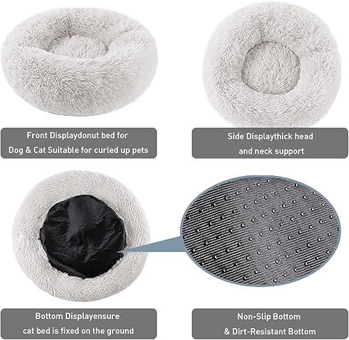 Vista 2 de BinetGo Cama calmante para perros para gatos y perros, cama de gato beige de 20 pulgadas, cama para cachorros negro/rosa/beige, cama calmante