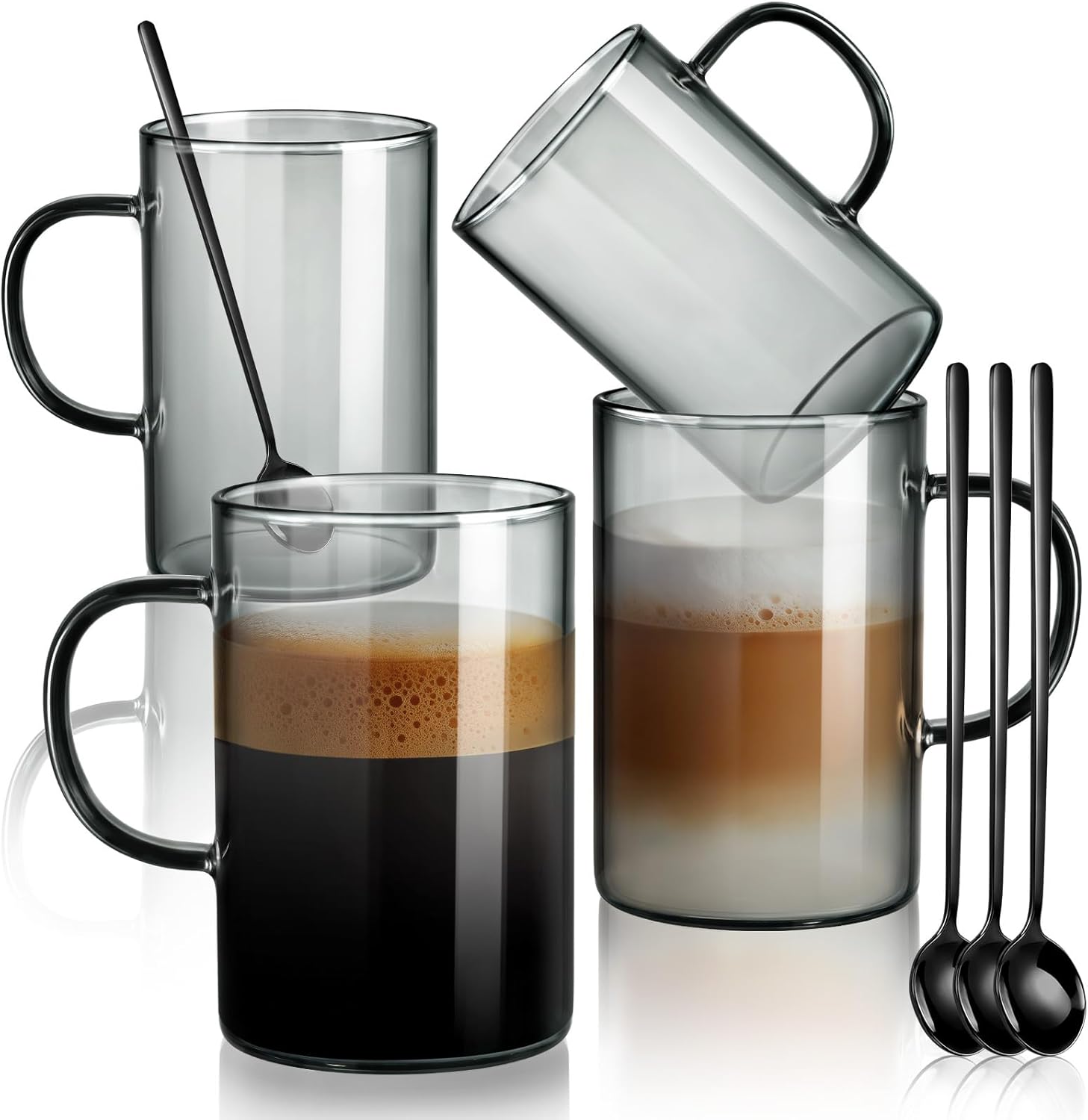 ecooe Black Borosilicate Glass Coffee Mugs Set of 4, 16oz Large Black Glass Mug with Handles & Spoon, Glass Coffee Cups for Coffee, Tea, Cappuccino, Latte, Milk, Hot/Cold Drinking Glasses