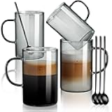 ecooe Black Borosilicate Glass Coffee Mugs Set of 4, 16oz Large Black Glass Mug with Handles & Spoon, Glass Coffee Cups for Coffee, Tea, Cappuccino, Latte, Milk, Hot/Cold Drinking Glasses