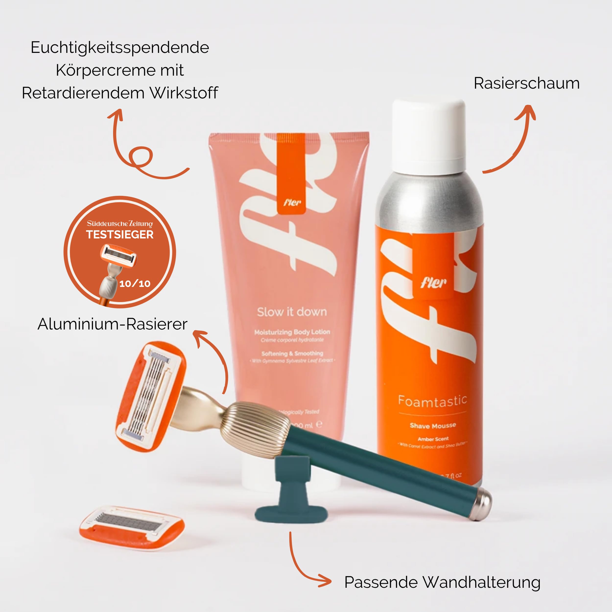 Fler Smooth Skin Set - Damenrasierer mit Halterung und 2 Ersatzklingen, Unisex Rasierer, Set mit Enthaarungsmousse und beruhigender Körpercreme, Klinge mit Aloe Vera (Grün Pine, Creme 200 ml)