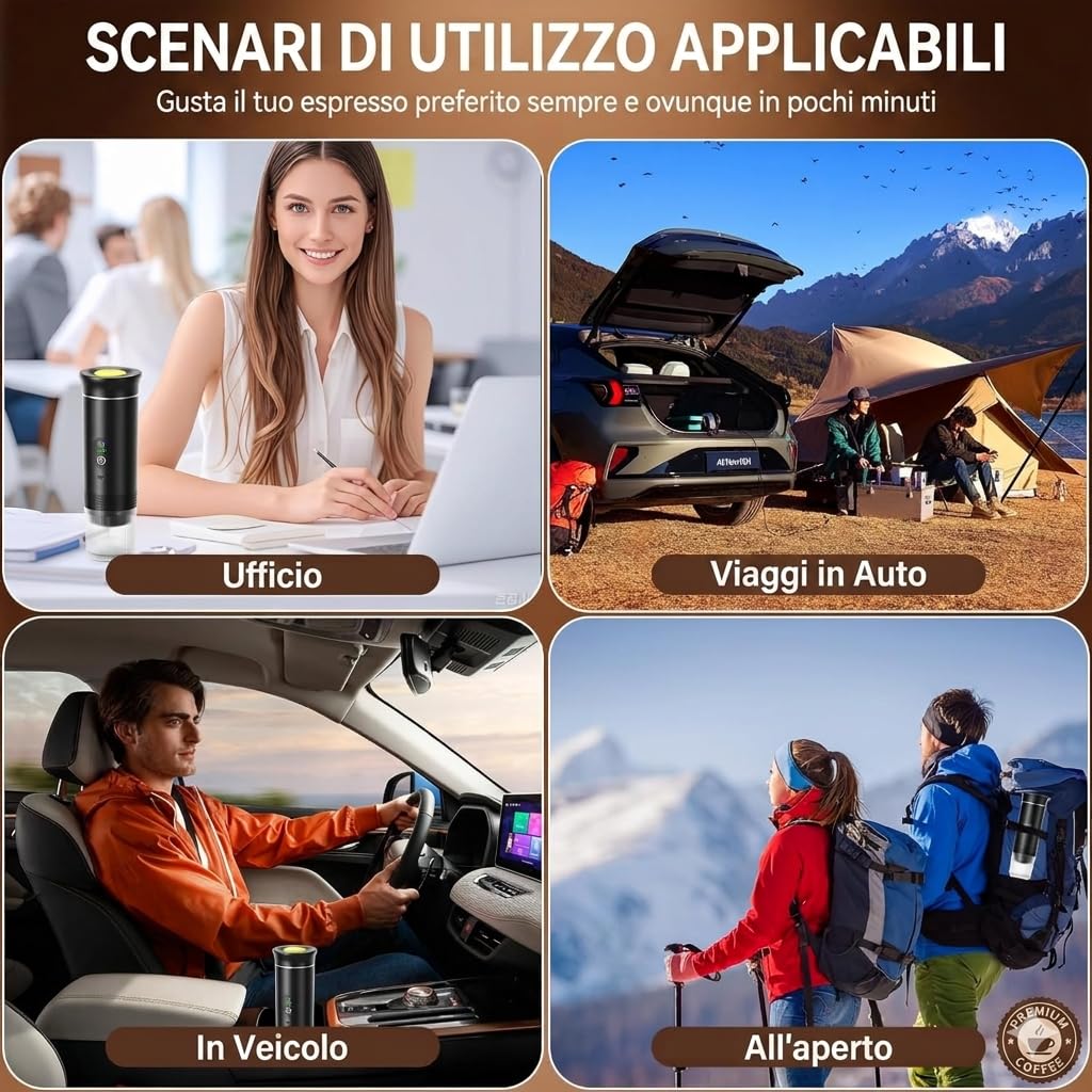 Macchina Caffè Portatile Espresso 3-in-1 - Riscaldamento Acqua Automatico 5 Min, Batteria 7500mAh, 20 Bar Pressione - Compatibile con Capsule Grandi, Piccole e Caffè Macinato - Per Auto, Viaggio, Uffi