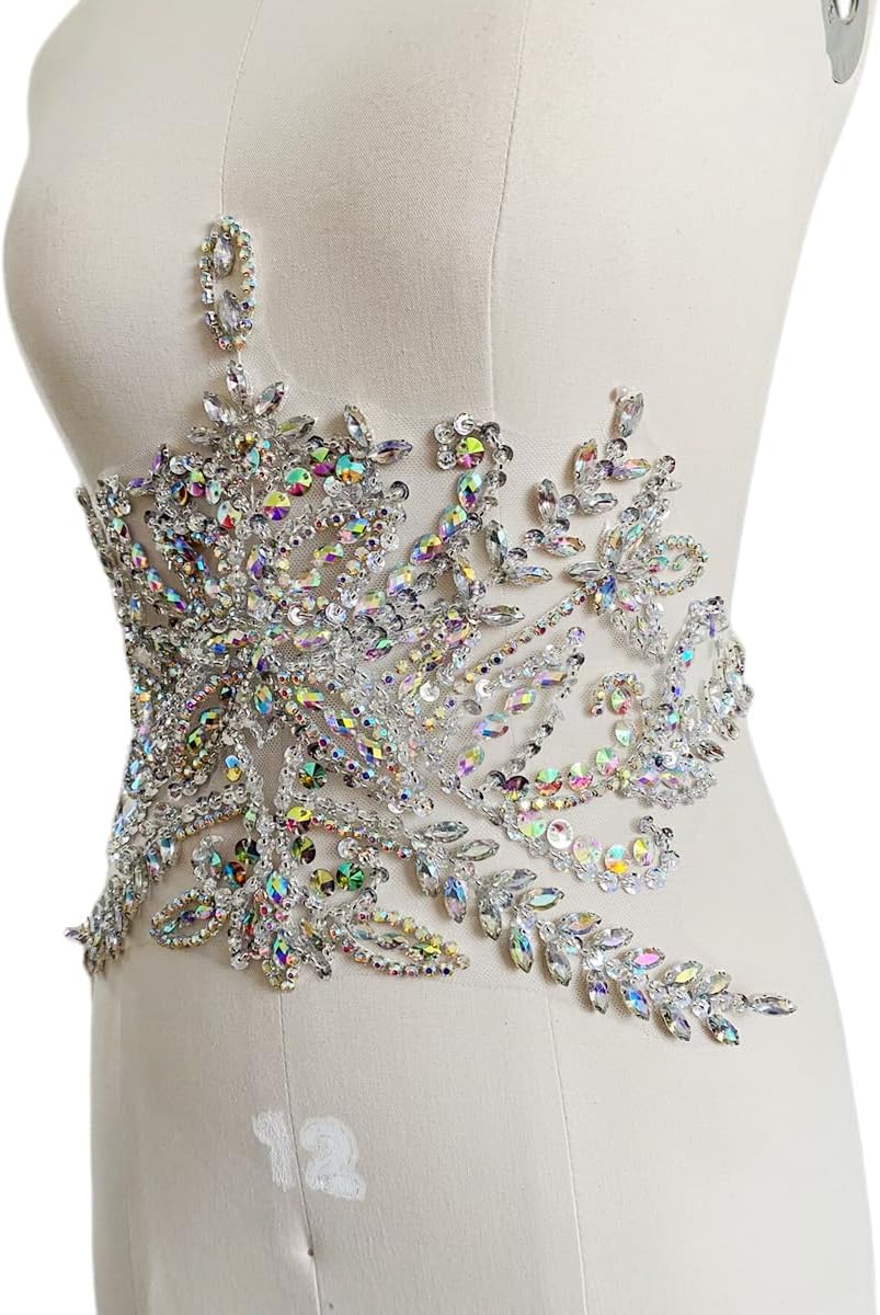 Trimimg Patches Handmade with Acrylic Rhinestones Beads Sequins sew on Applique for Dress Waist Decorative Accessories 17.7X9.4 inches (Clear AB)