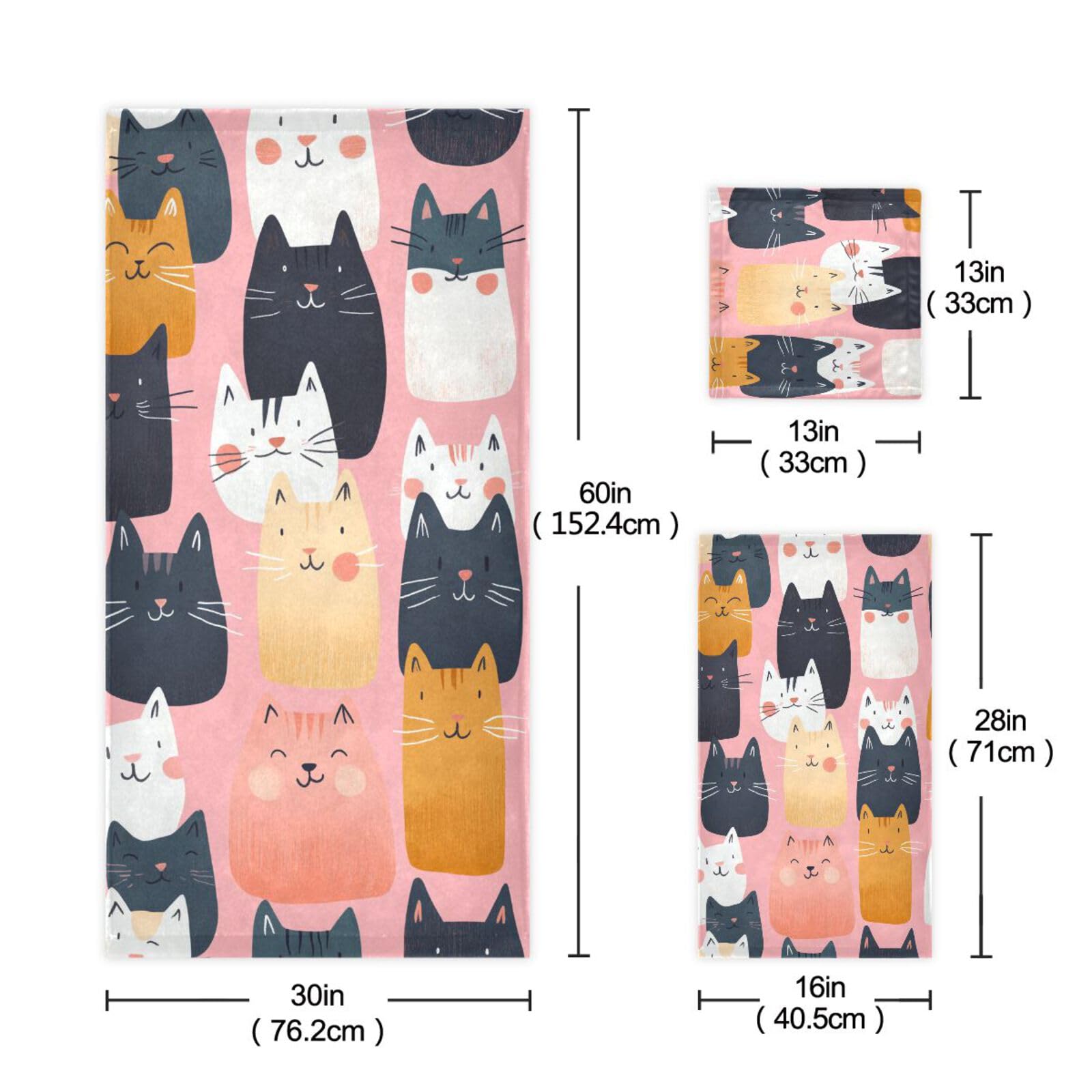 Set di 3 asciugamani da viso con illustrazione di gatto in stile cartone animato, 3 pezzi, 1 asciugamano da bagno, 1 asciugamano per le mani, 1 panno per il viso del corpo