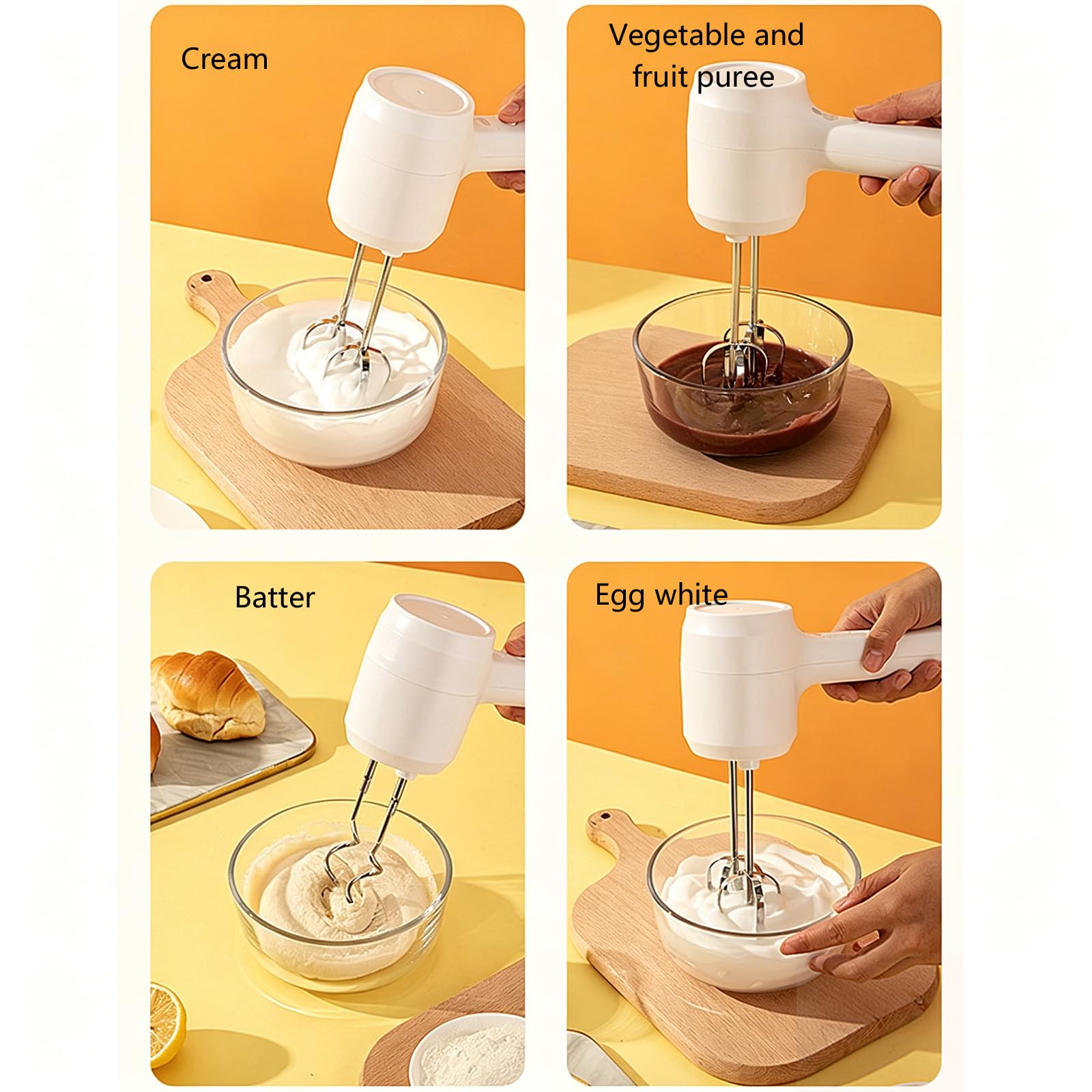Frusta elettrico portatile senza fili con 4 accessori rimovibili, frusta accoppiata per panna e prodotti da forno casalinghi, preparazione dessert, frusta da cucina, frullatore portatile