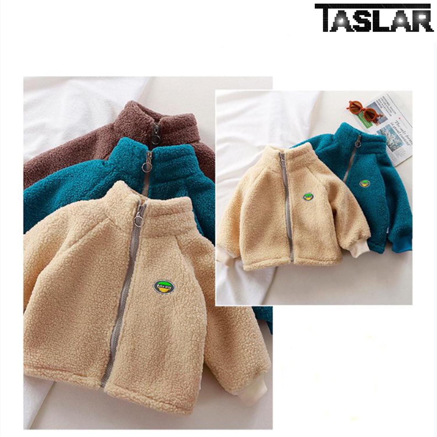 TASLAR Kids Winter Fleece Jackets, Baby Boy & Girl Outerwear Lamb Velvet Thick Warm Sweater Solid Short Length Thread Collar Zipper Coat, Beige, 2-3 Years 3