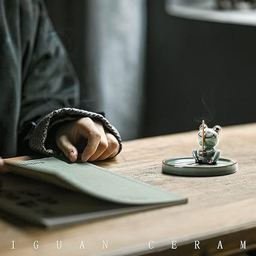 Miniatura 5 de Pacify Bonito soporte de incienso para varillas e incienso de reflujo, soporte de cerámica para quemador de incienso de rana con bandeja de hojas de