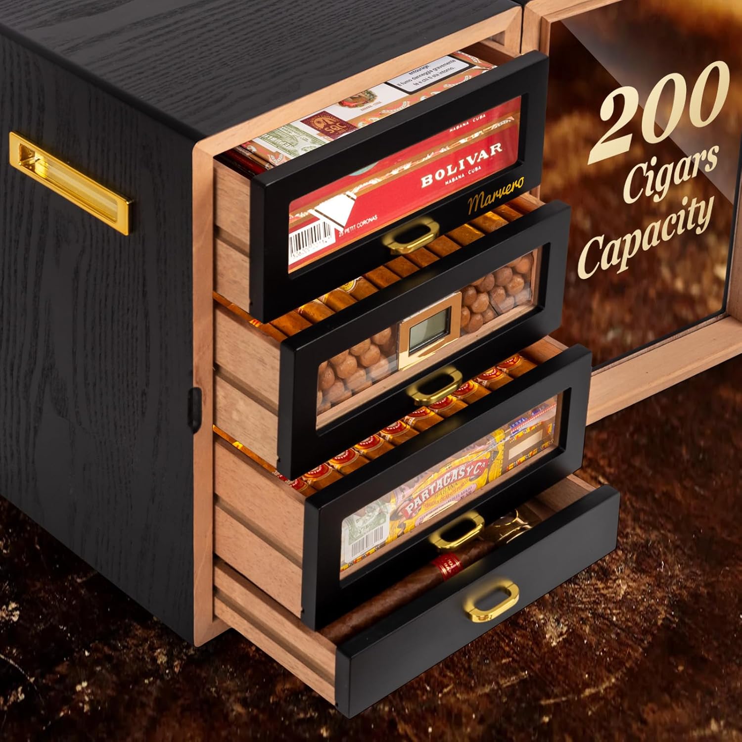 Cigar Humidor, Desktop Humidor Cabinet Triple-Sided Light with Digital Hygrometer, Humidifier and Humidity Packs. 4 Ceder Wood Drawers, Cigar Humidor Box can Hold 200 Cigars,Present for Men - Image 7