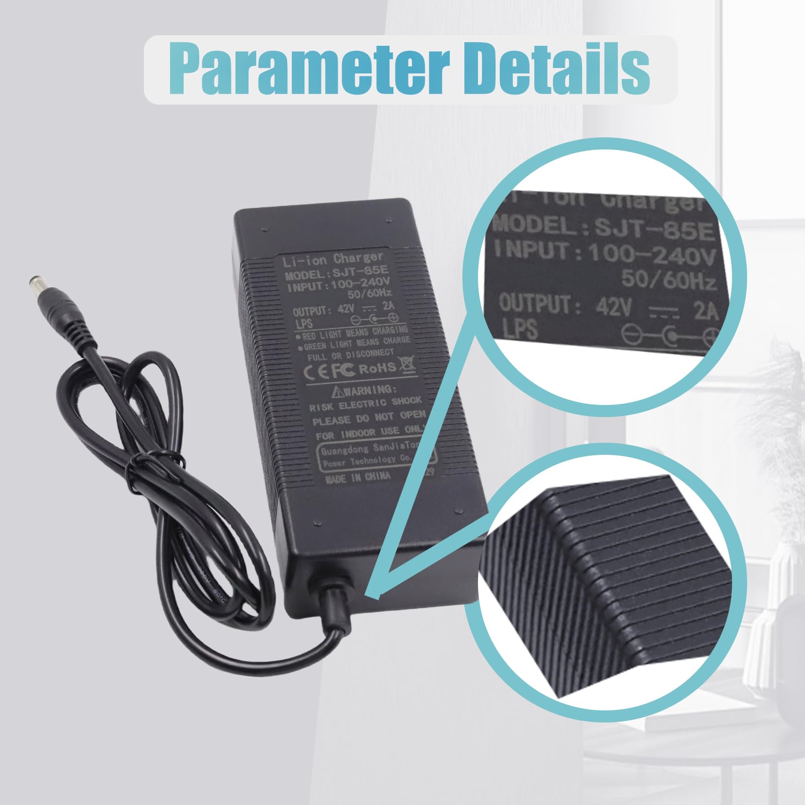 42 V 2 A DC męski adapter do roweru elektrycznego 36 V akumulator litowy, ładowarka do akumulatorów Escooter Ebike ładowarka wtyczka średnica 5,5 mm, 2,1 mm