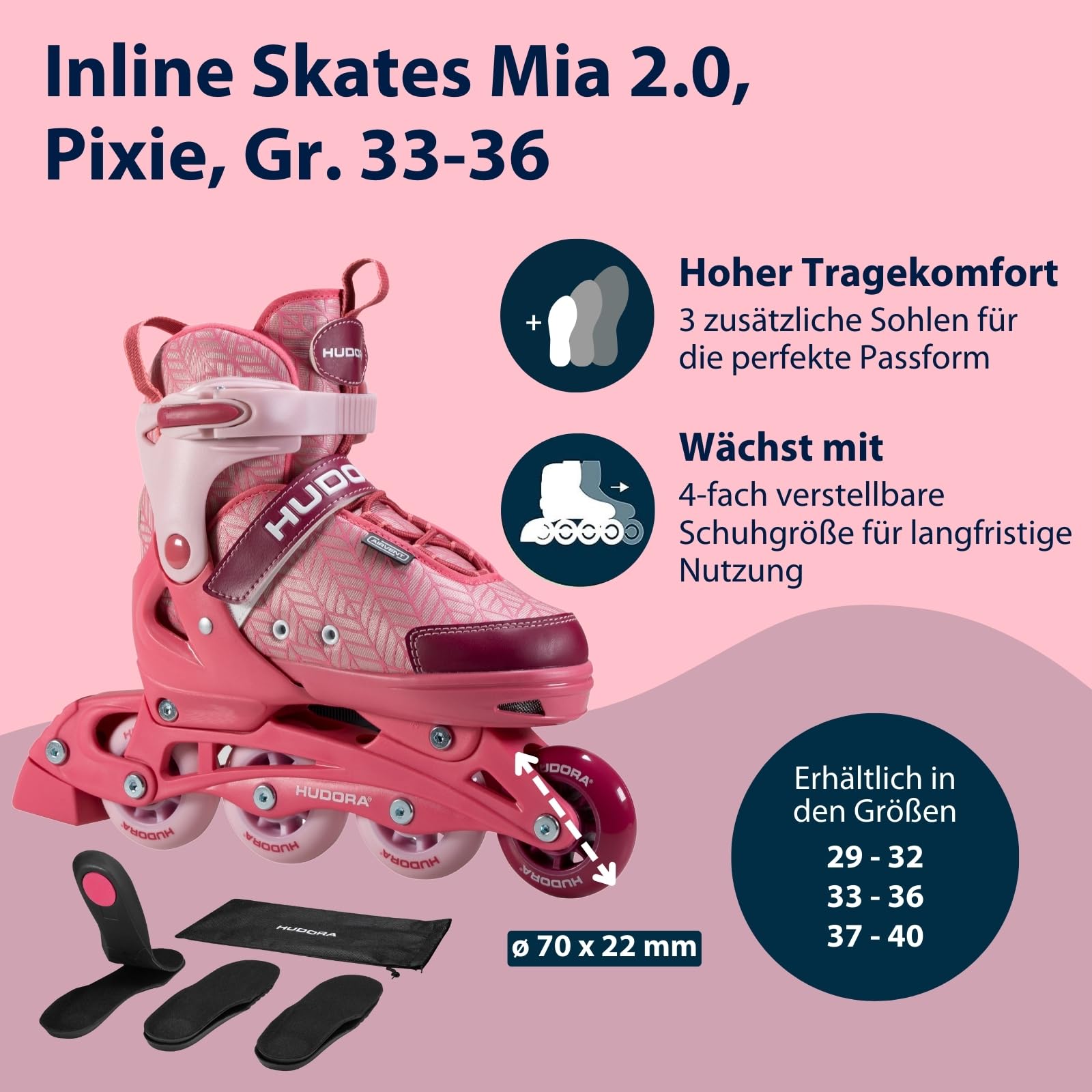 HUDORA Inline Skates Mia/Leon 2.0 - Inliner für Kinder/Jugendliche & Erwachsene in versch. Größen & Farben - Roller Skates bis zu 4 Größen verstellbar - Bequeme & stilvolle Rollerskates