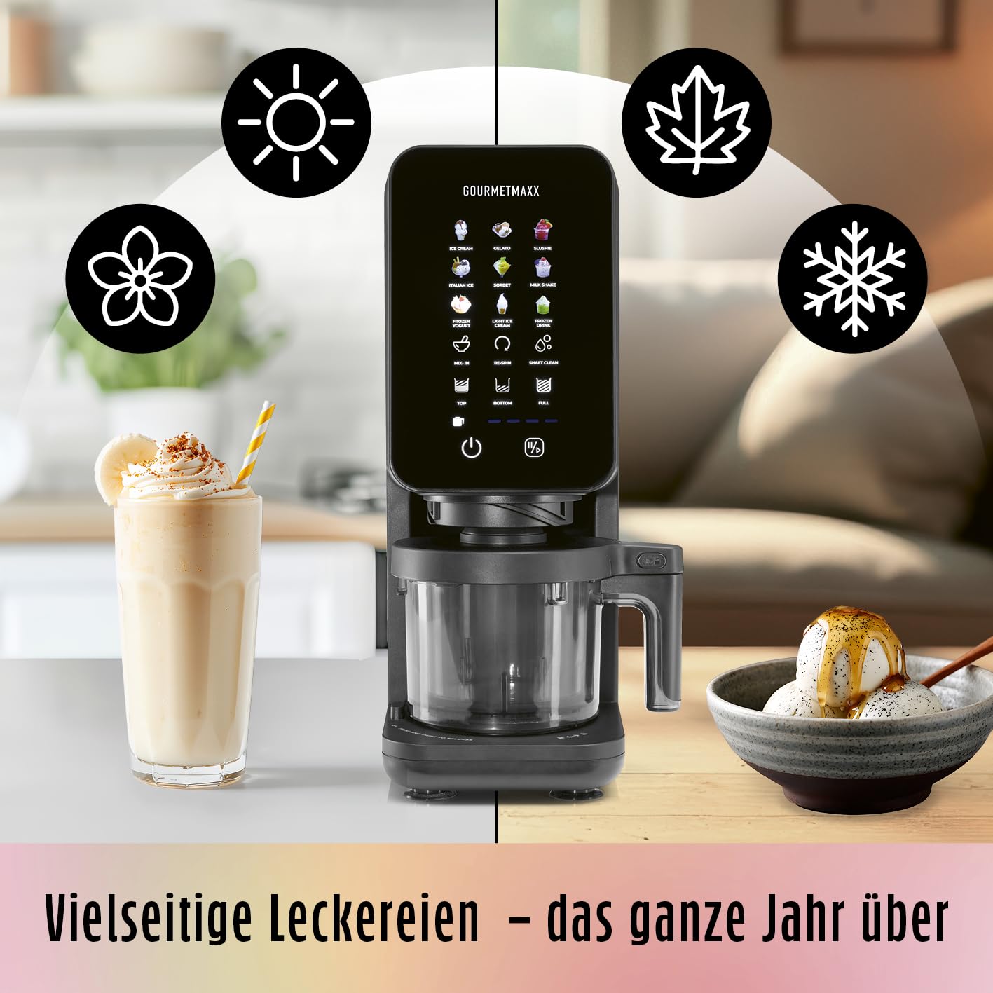 GOURMETmaxx SmoothUp Touch Eismaschine 700 Watt | Eismaschine 9 Programme + Mix-in-Funktion | Eiscreme-Maschine - Slushies & Eiscreme selber machen | Speiseeisbereiter LED Display, 2 Becher inklusive