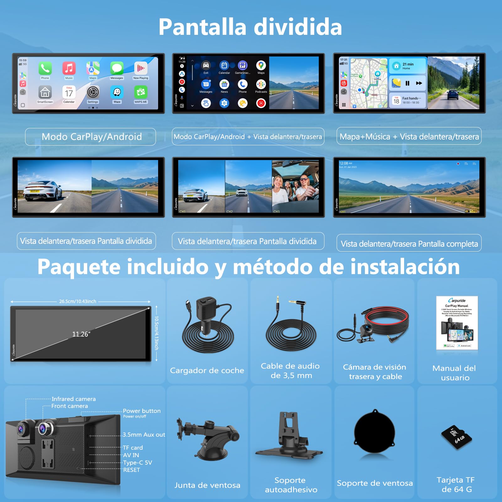 Carpuride W125S Carplay Pantalla con 3 Canales Tablero Cámara, 4K Frontal &1080P Trasera Cámara, Inalámbrico Carplay y Android Auto, 11,26" HD Táctil Pantalla, Grabación en Bucle, Bluetooth.