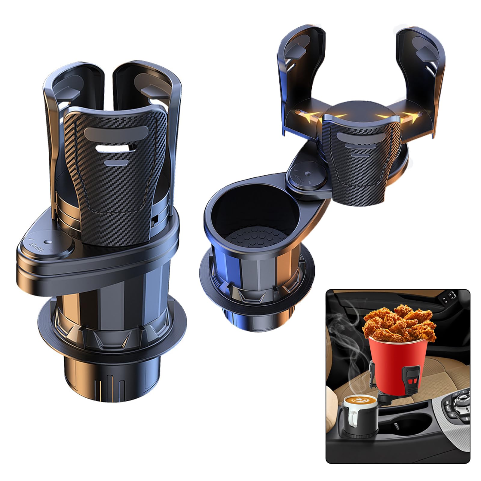 JIZZU Universal Car Dual Cup Holder Adjustable Cup Stand,2 in 1 Expandable Cup Holder With Adjustable Expander Base,360°Rotating Car Coffee Cup Storage Rack For Car/Marine/Caravan, Black