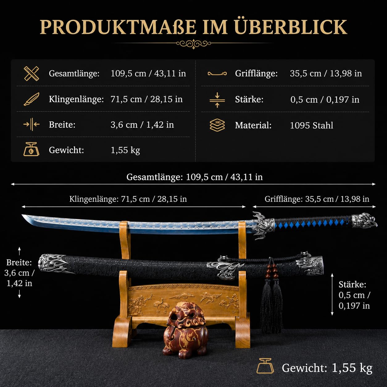 Samuraischwert Katana ungeschärft - Handgeschmiedet 1095 Kohlenstoffstahl Blaues Klingen-Finish - Echt Metall 109,5cm Deko Schwert mit Saya für Sammler, Dojo Training & Anime Deko