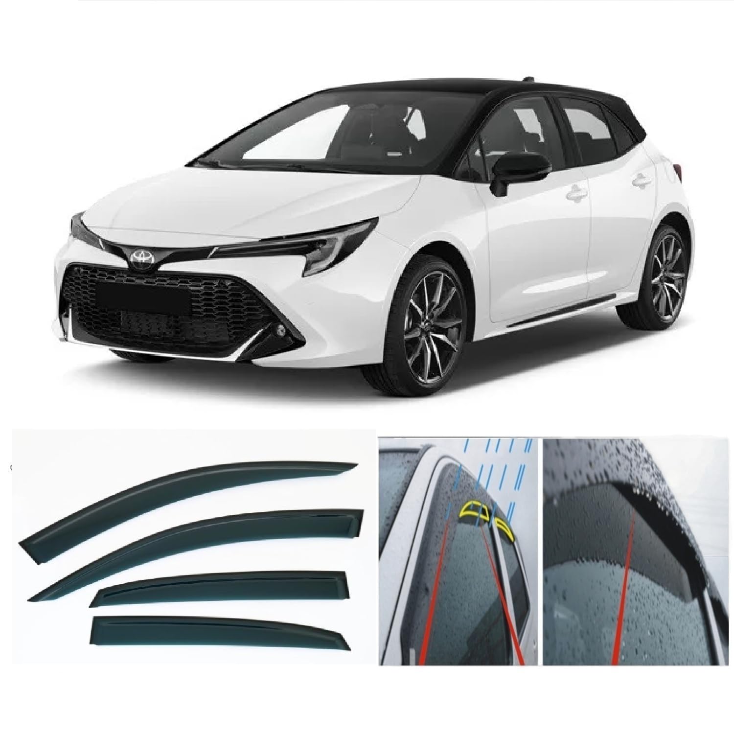 4 deflettori d'aria compatibili con Toyota Corolla Hatchback Hybrid (E210) 5 porte 2018 2019 2020 2021 2022 2023 2024 2025 Parapioggia Parasole Scudi Meteo