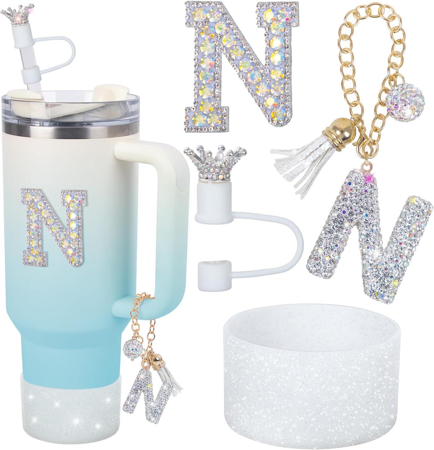 Letter Charms for Stanley Cup Handle,Silicone Boot Accessories Charms for Stanley Cup 40oz 30oz,Crown Straw Cover Topper & Diamond Sticker(N)
