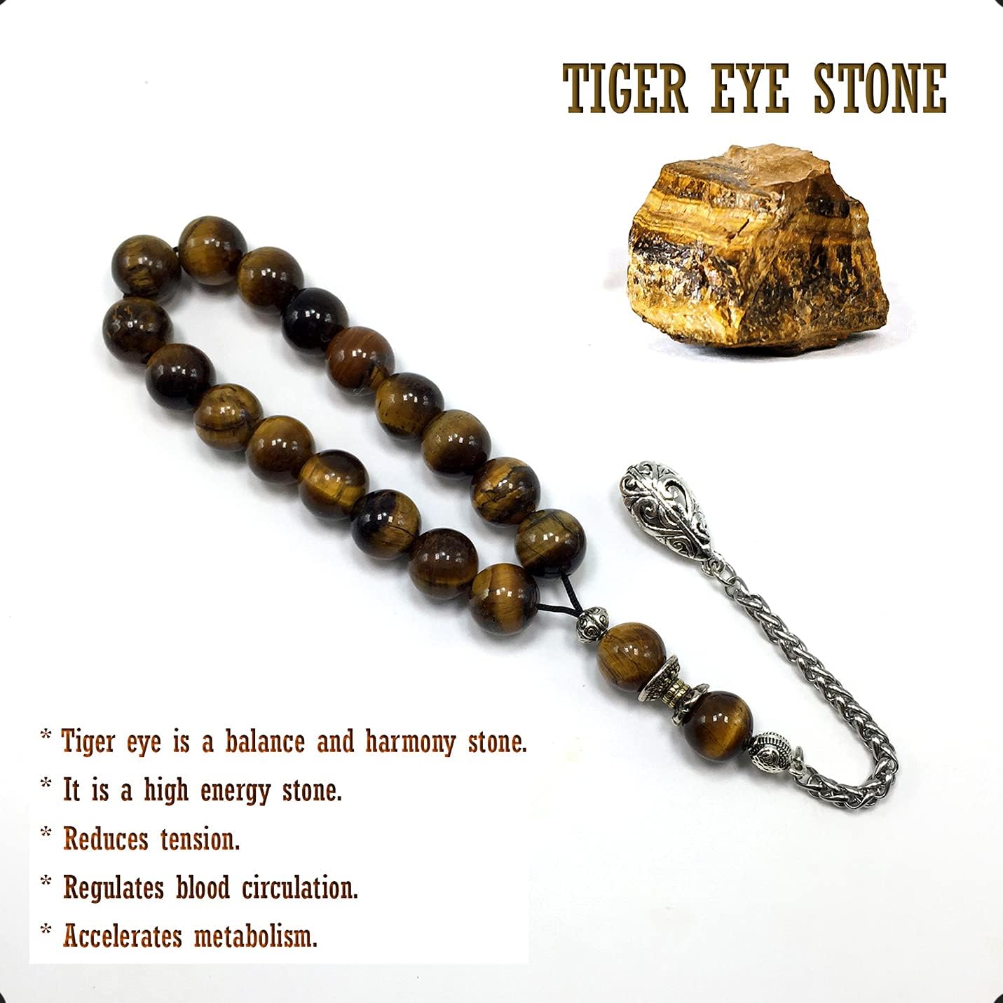 Relaxing Stress Relief Big Prayer Beads, Worry Beads, EFE Tesbih, Maskot Tesbih, Tasbih, Rosary (Tiger Eye Natural Stone - 12 mm- 17 Beads)