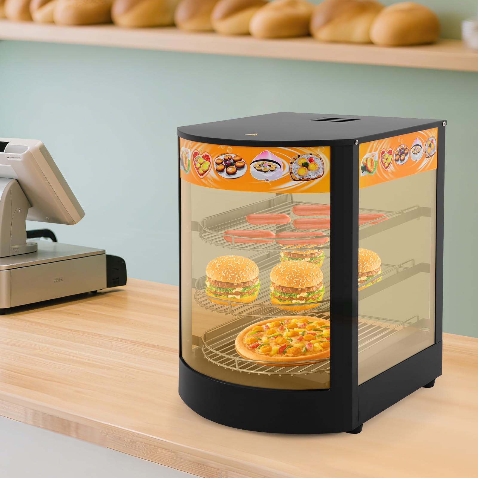800 W 3 pisos calentador de alimentos eléctrico, 30 – 85 ℃ | Vitrina caliente para cafés, panaderías, tiendas de comestibles, 35 x 42 x 52 cm, color negro
