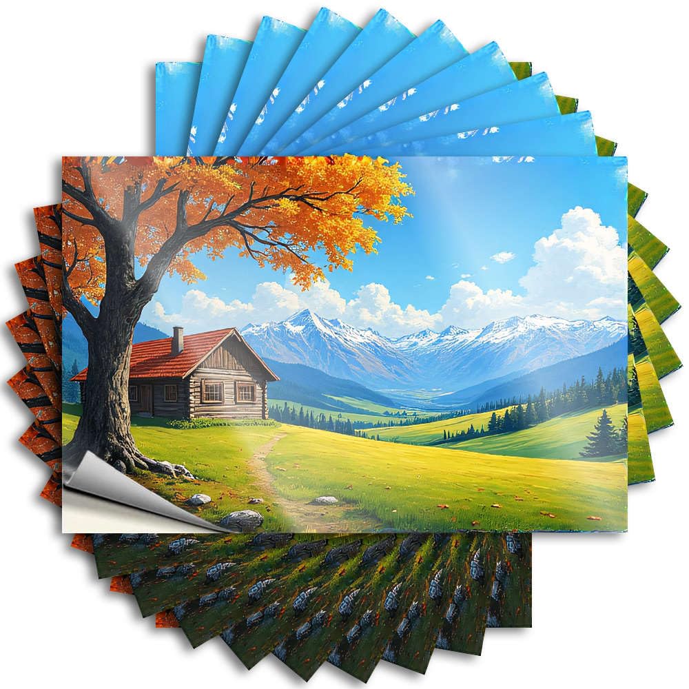 A Cozy Cabin Nestled in A Vibrant Autumn Landscape with Majestic Mountains High Decal | Indie Room Decor Waterproof Vinyl Water Western Removable Decal Peel Stick(8X12CM)