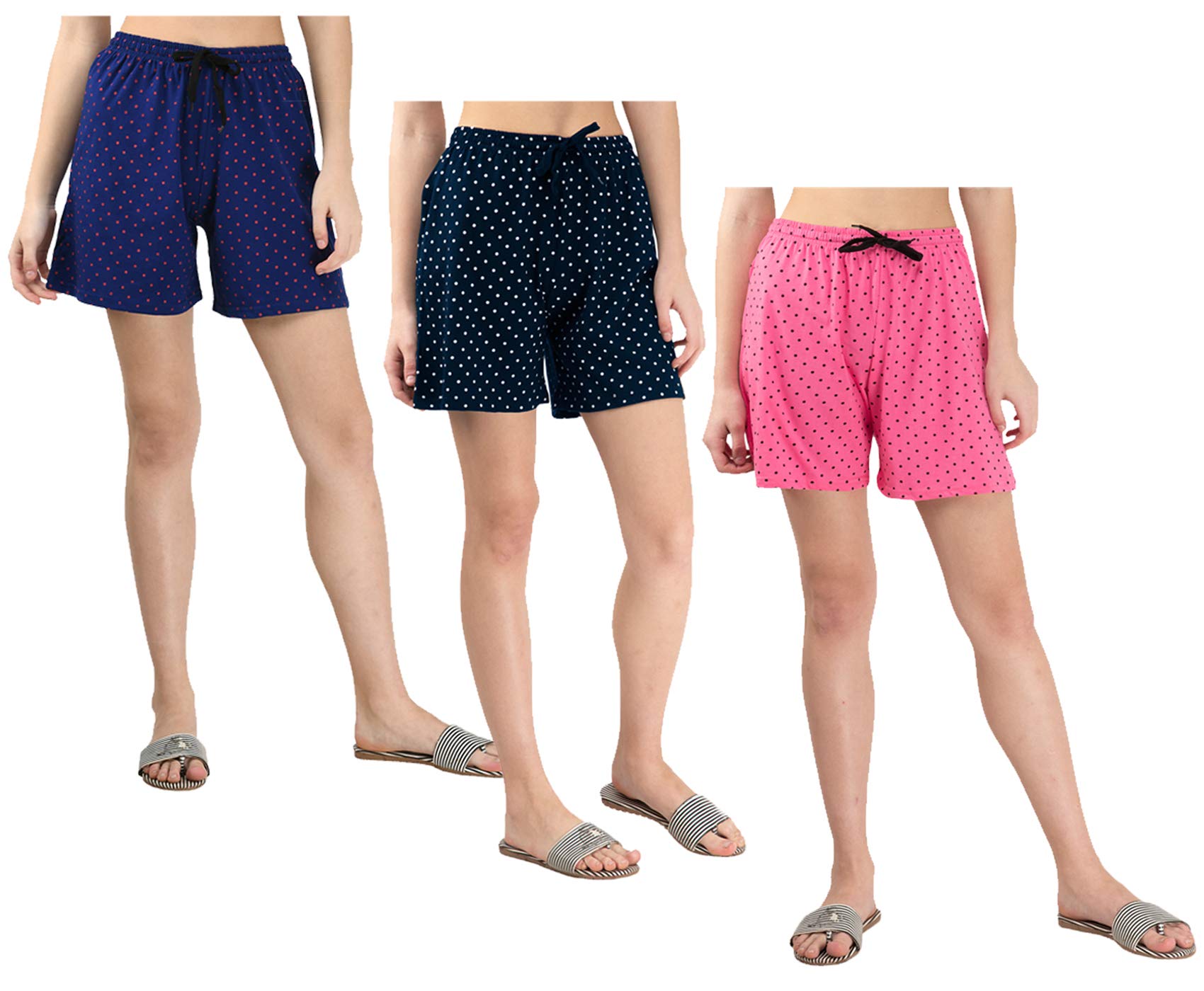kayu Pack of 3 Women’s Polka Dot Printed Shorts with Drawstring Waist – Comfortable Casual Lounge Wear, Breathable Fabric, Stylish Summer Sleepwear Shorts for Women Pink, Navy Blue, Blue-picture-43