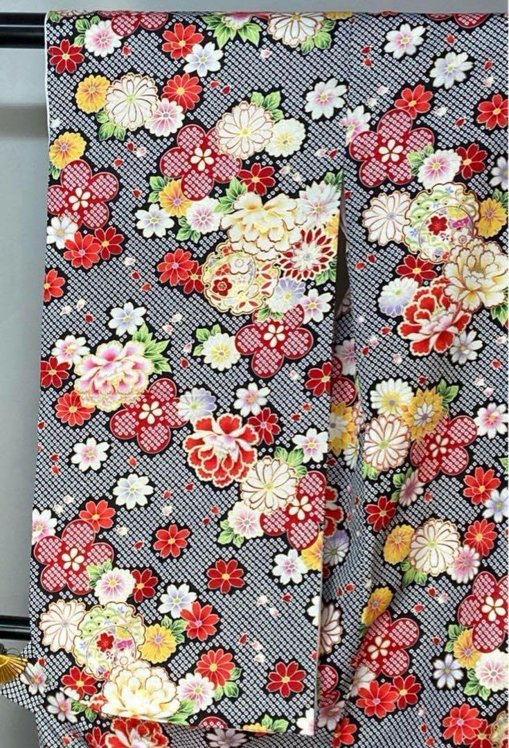 四つ身 着物 172 黒 絞り風 ポリエステル 七五三 長襦袢付き こども