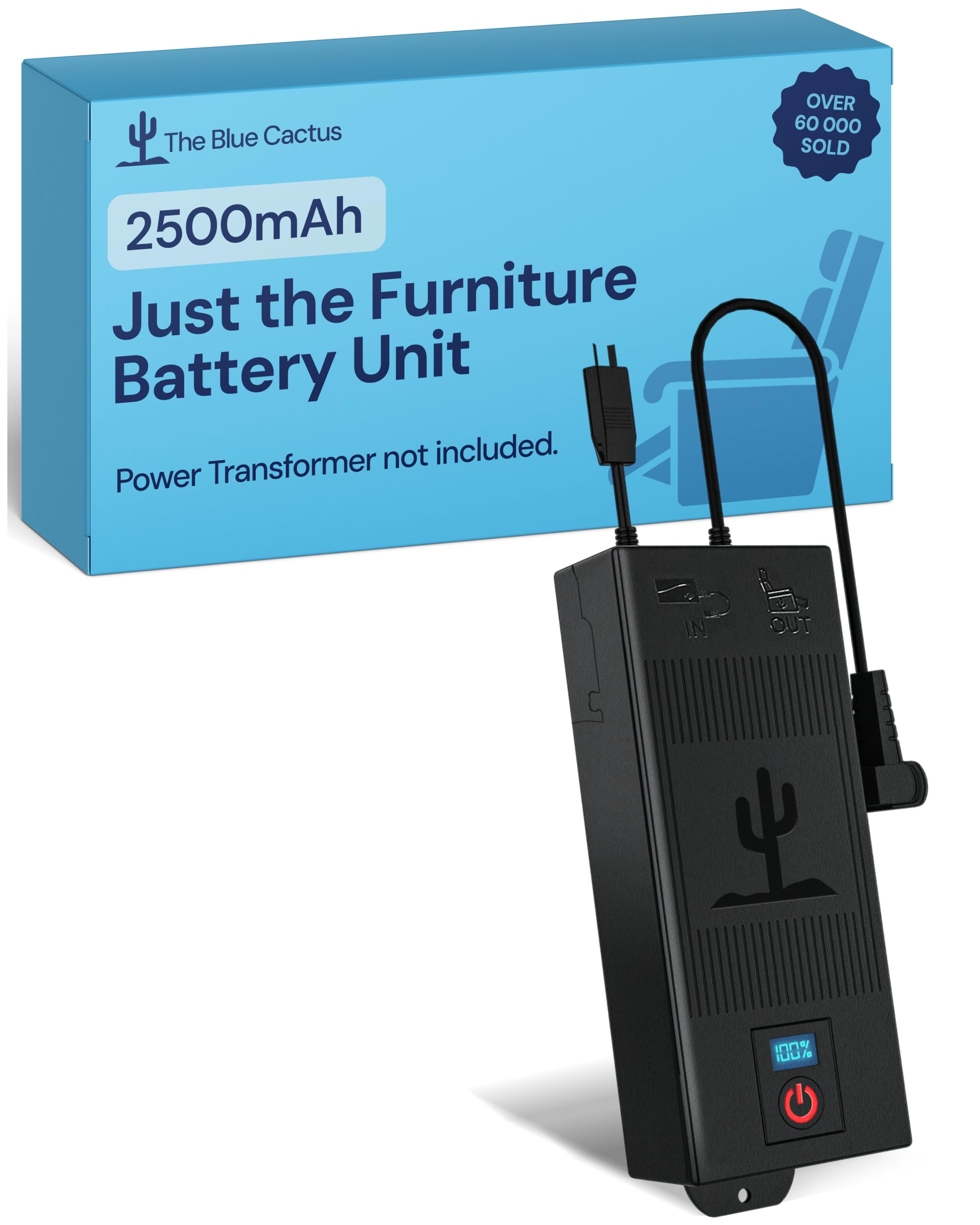 The Blue Cactus Rechargeable Battery for Reclining Furniture - 2500mAh Battery, 2-Pin Furniture Connector - Charger Not Included - Replacement Pack with LCD Display for Sofa, Couch, Recliner Chair