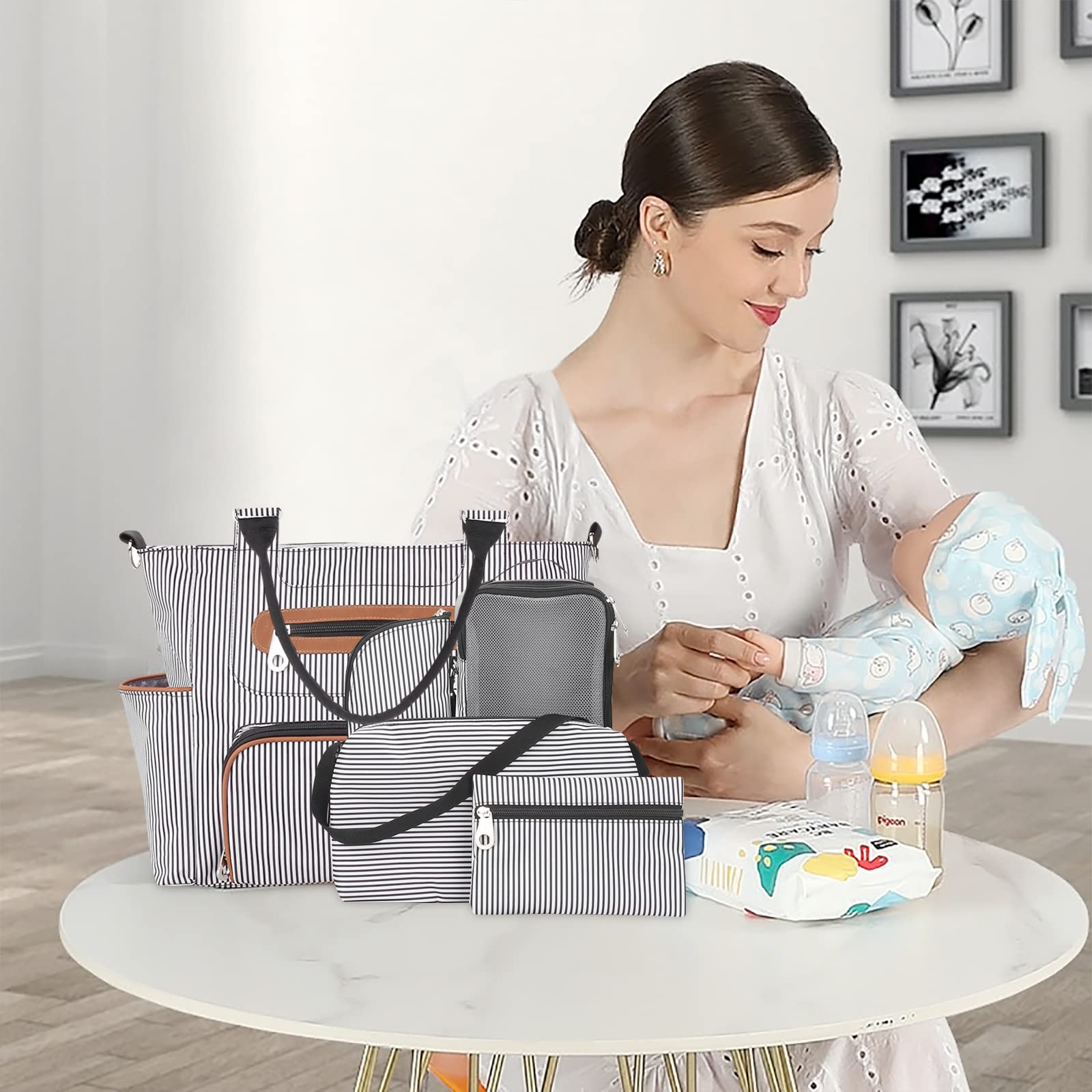 SONARIN 7pcs Nappy Changing Bag Set,Multifunction Mummy Tote Bag Baby Changing Bag Shoulder Handbag Travel Diaper Bag with Bottle Bag Changing Mat and Stroller Straps(Black) - Image 2