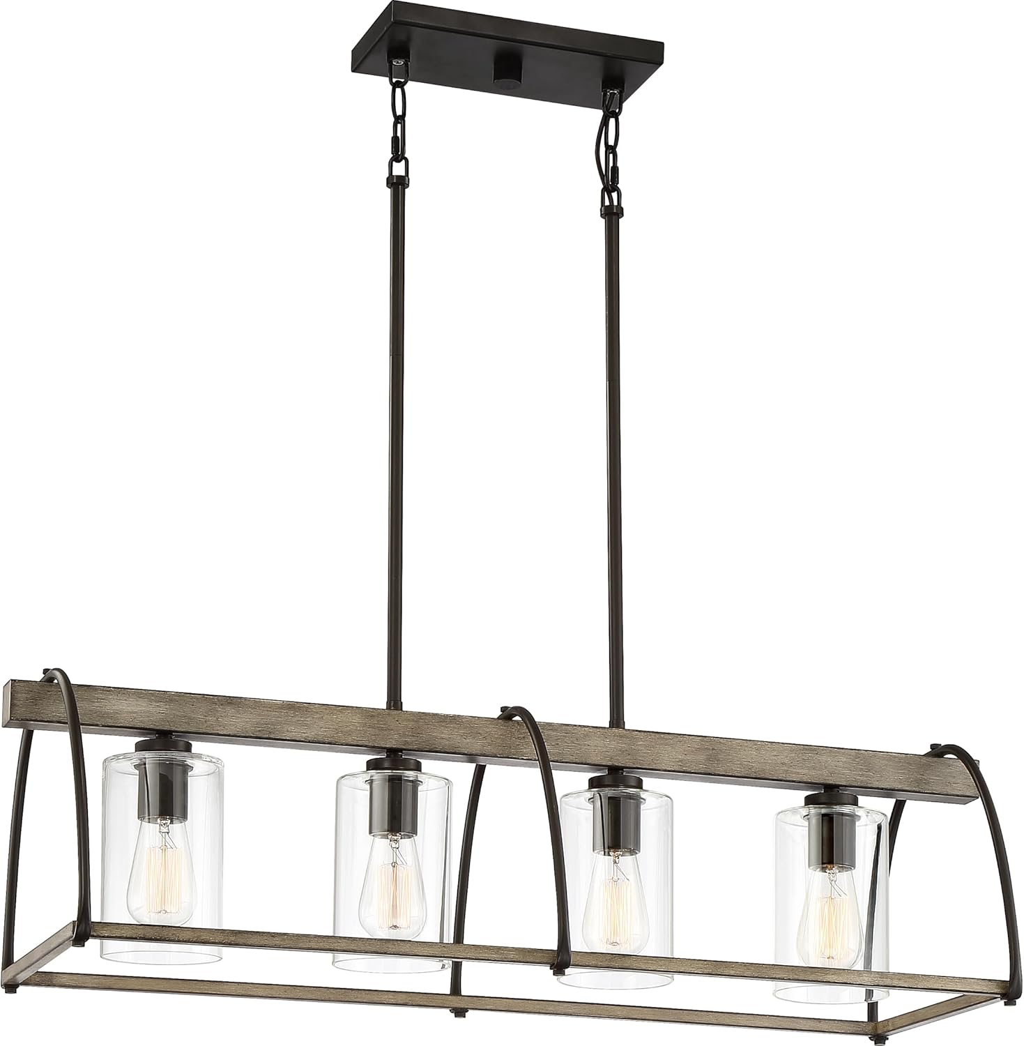 Quoizel Fernley Linear Chandelier, 34 Inch 4-Light Faux Natural Wood Finish, Max Adjustable Height 89", Clear Glass Chandelier for Kitchen Island, Dining, Hallway or Bedroom