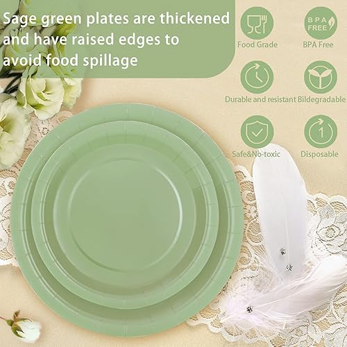 Miniatura 4 de Gudvilla Platos de papel verde salvia, platos y servilletas, suministros para fiesta, 200 unidades, decoración de despedida de soltera, cumpleaños,