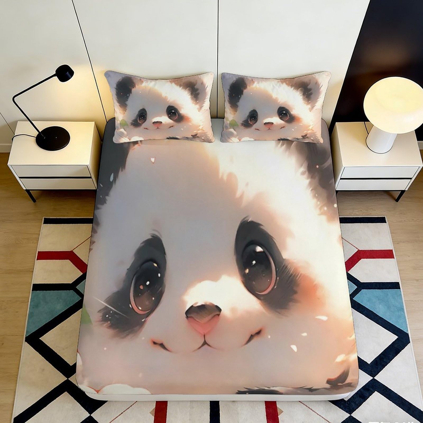 3D Printed Cartoon Panda Fitted Sheet Microfiber Deep Pocket Cartoon Panda Mattress Fitted Cover Non-Slip Full Wrap Washable for Adults Youth 200x200x25cm 90x200x25cm