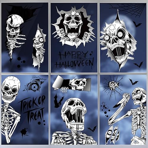 Miniatura 6 de Decoración de ventana de Halloween para ventana de cristal, calcomanías de esqueleto 3D dibujado a mano de doble cara para decoración de fiesta
