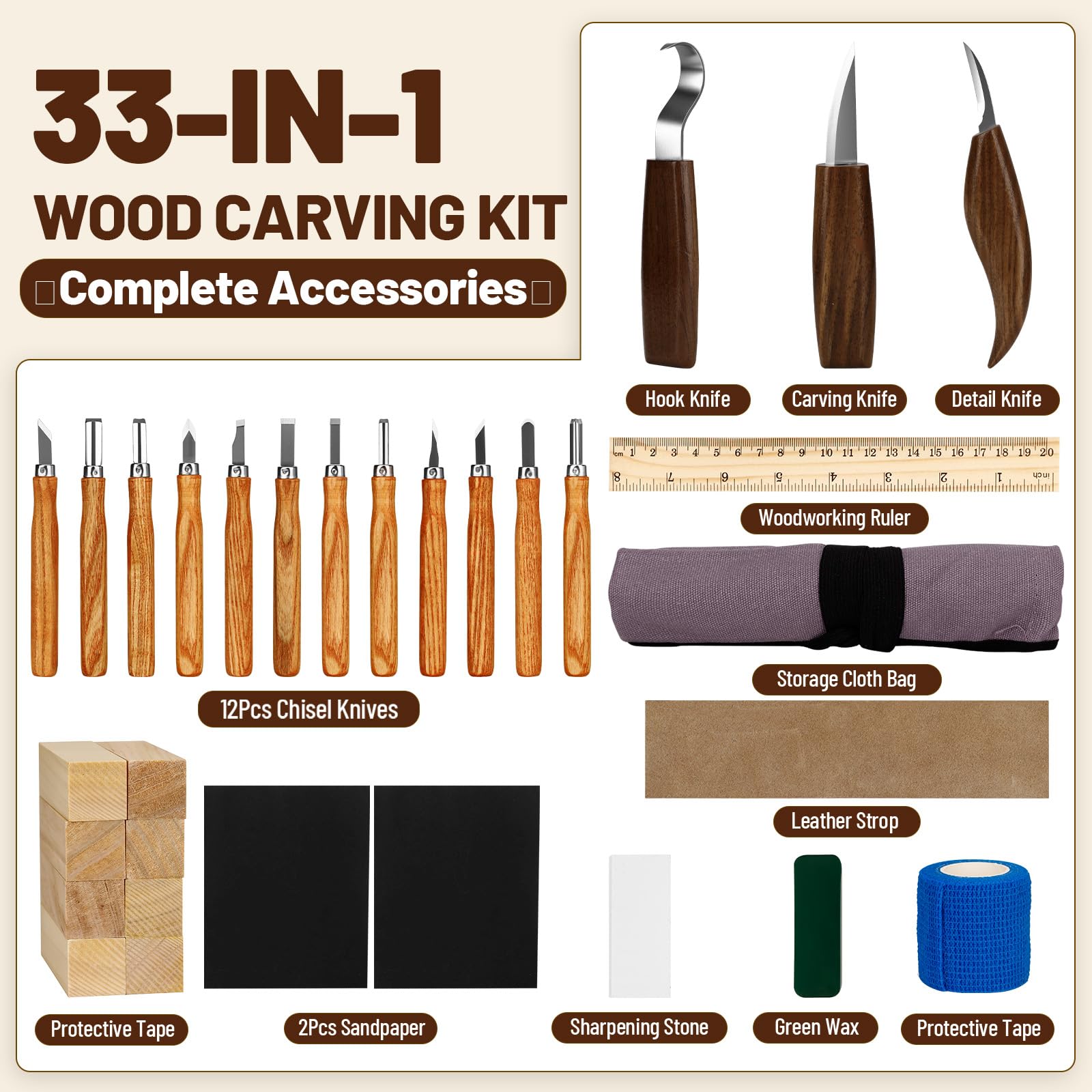 Kit Intaglio Legno 33 Pezzi,con blocchi di legno,coltelli e accessori pratici per intaglio sicuro e creativo;set di coltelli da intaglio,perfetto per principianti,hobbisti e come regalo creativo
