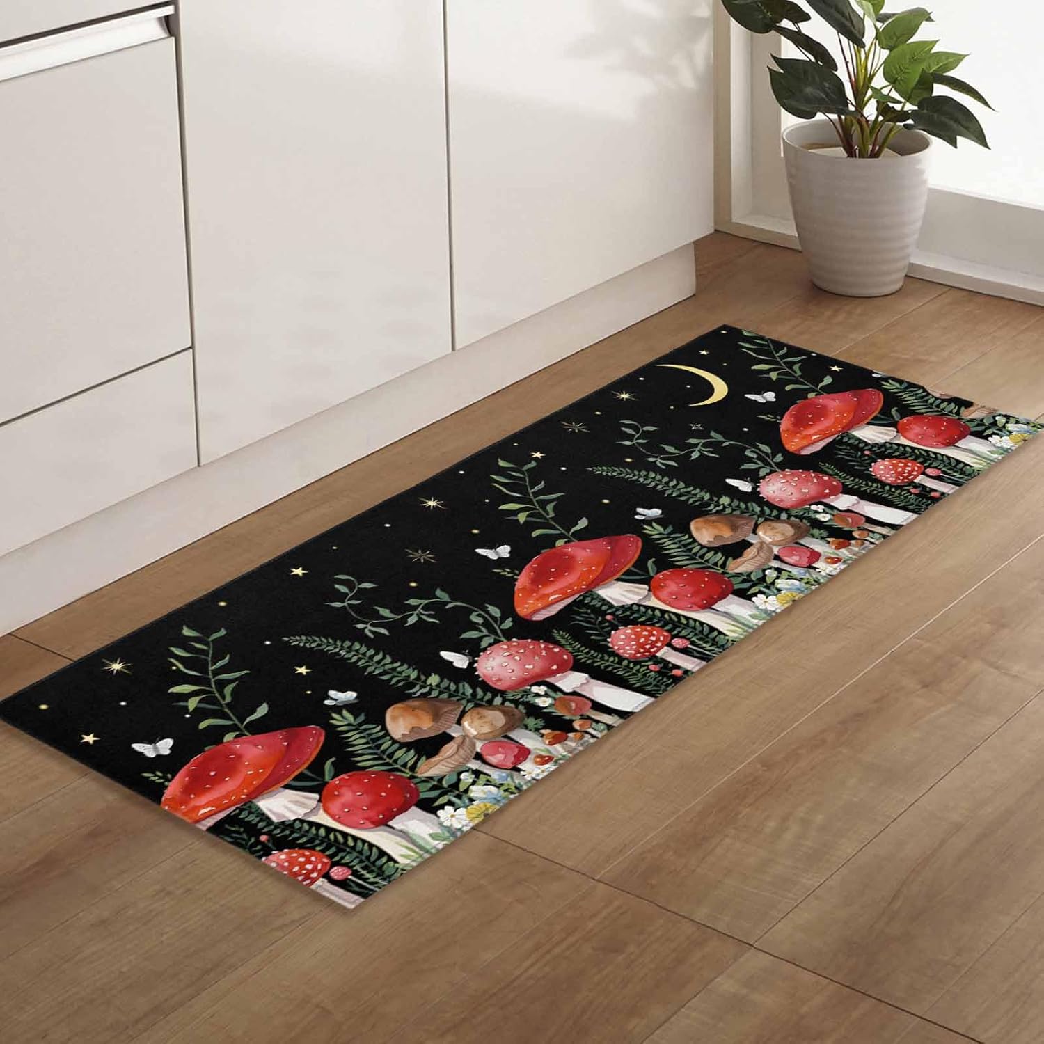 2 Pieces Kitchen Rugs and Mats,Mushroom Butterfly Leaf in Moon Sky Area Runner Rug Set Non Slip Floor Doormat Washable Carpet Standing Mat for Kitchen Sink Indoor Corridor,Pastoral Botanical Art