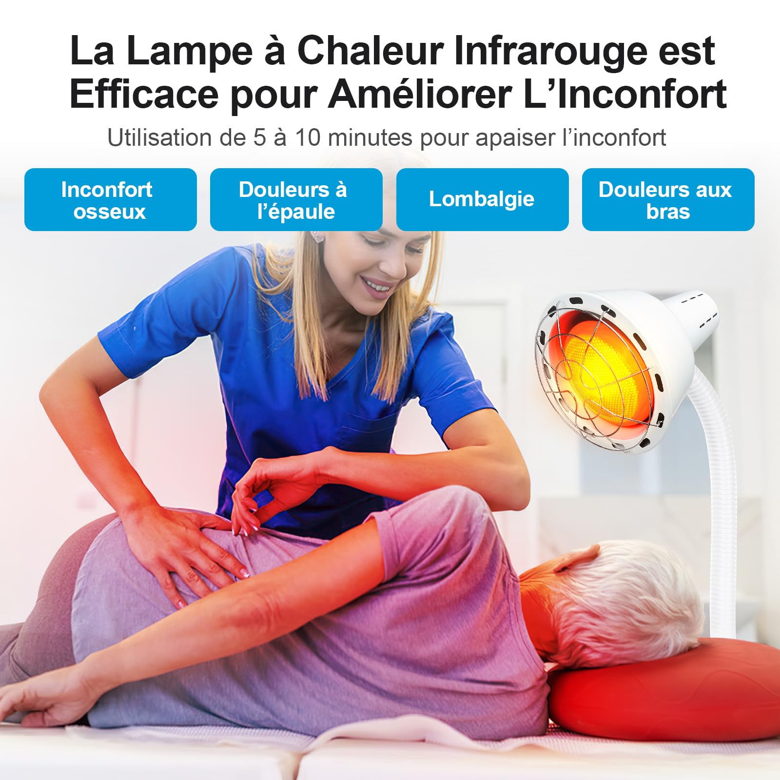 Lampe infrarouge 275W, 10 températures, minuterie | 40–100°C, 5–30 min, anti-brûlure, 360°, détente à domicile