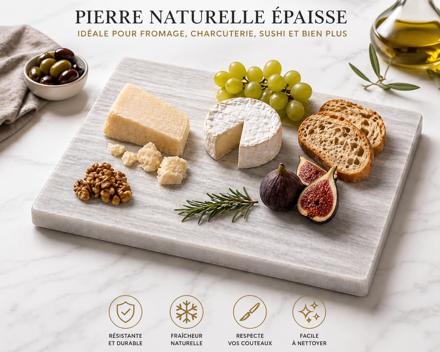 Planche à Découper en Marbre Blanc Massif 40 x 30 cm – Plateau Cuisine Élégant pour Fromage, Sushi et Charcuterie – Pierre Naturelle Épaisse – Fabriqué en Italie | Kalu Creations