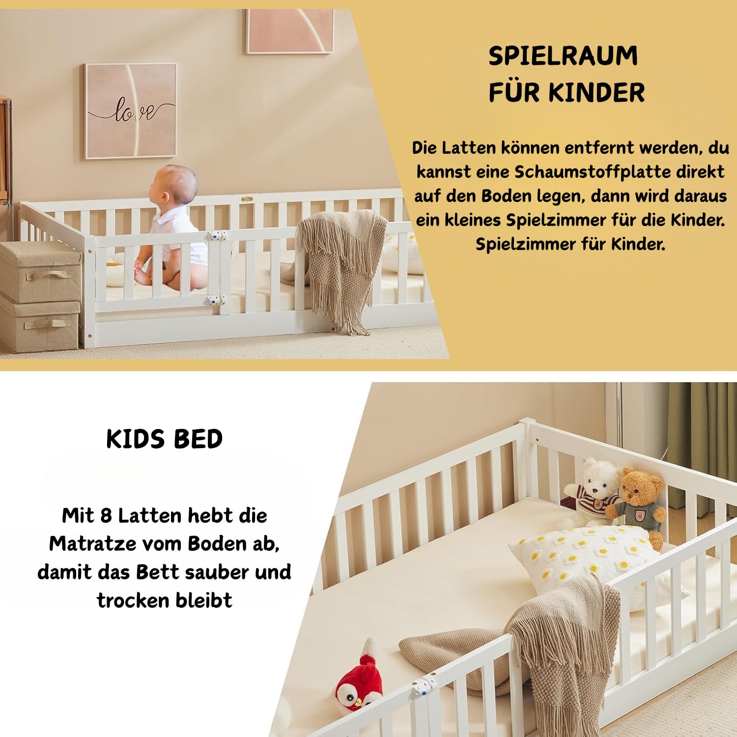 LALAHO Montessori - Lettino da pavimento 2 in 1, con uscita laterale, 90 x 200 cm, protezione dalle cadute e rete a doghe, trasformabile dalla culla al letto dei ragazzi, 2 misure, portata 300 kg