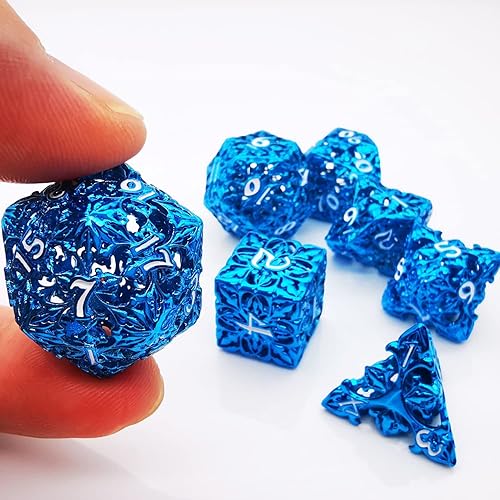 Miniatura 6 de HAOMEJA Juego de 7 dados de flores de metal hueco DND Juego de dados para juegos de rol D&D Calabozos y Dragones Flor Azul