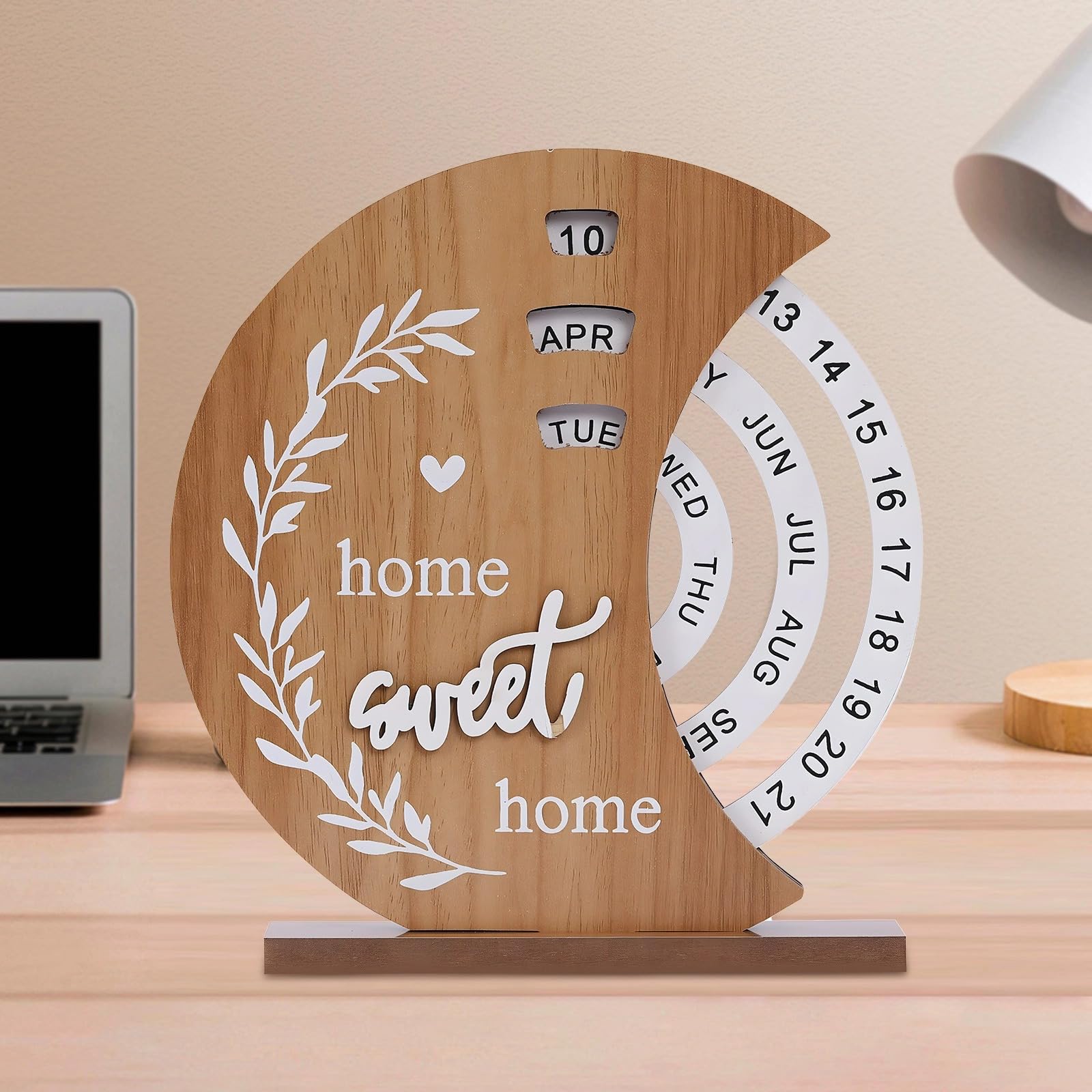 Calendario perpetuo in legno con data e luna regolabili, decorazione creativa da scrivania per casa e ufficio, ornamento da tavolo con raffinato effetto legno, regalo di Natale ideale per qualsiasi