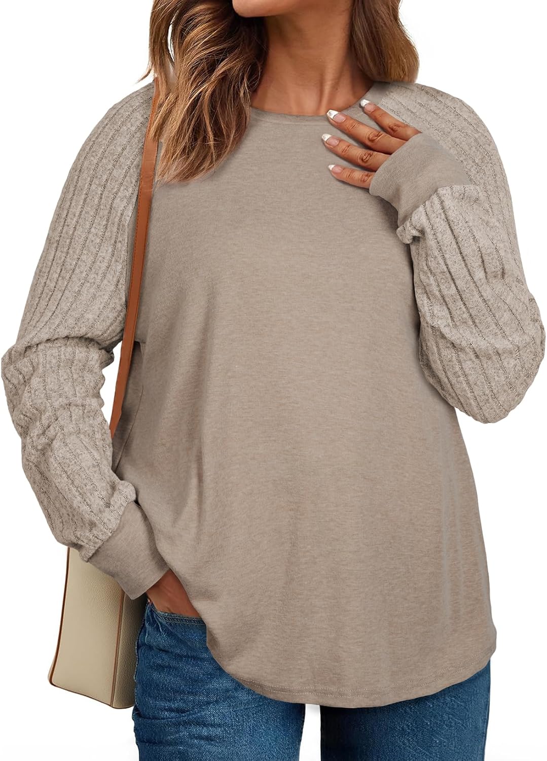 Eytino Plus Size Tops for Women Casual Crewneck Raglan Long Sleeve Shirts Loose Lightweight Tunics(1X-5X)