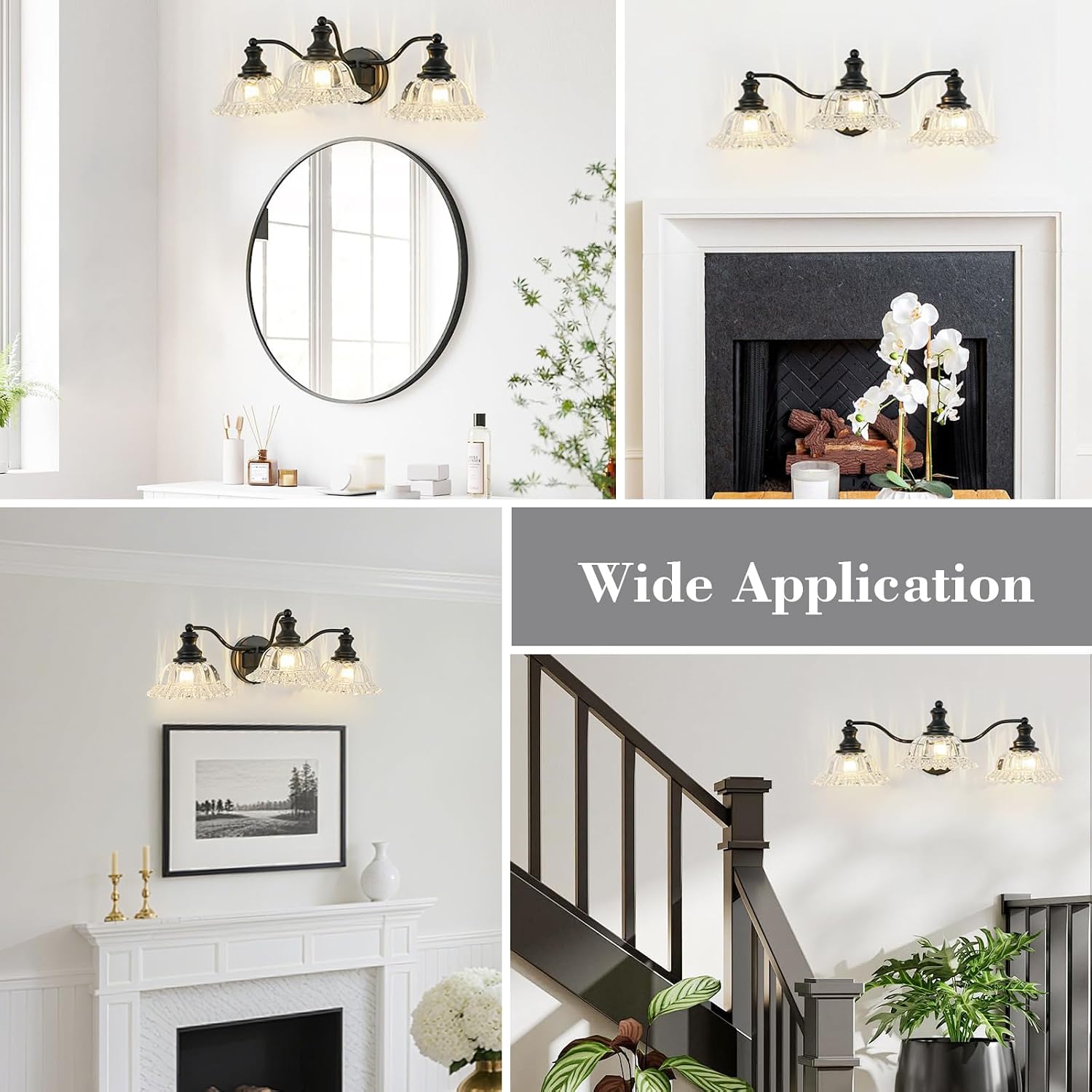 Black Bathroom Light Fixtures Over Mirror, 3 Light Vintage Bathroom Vanity Light Fixture with Clear Flower Glass Shades, Retro Vanity Lights for Bathroom, Bathroom Vanity Lights Over Mirror