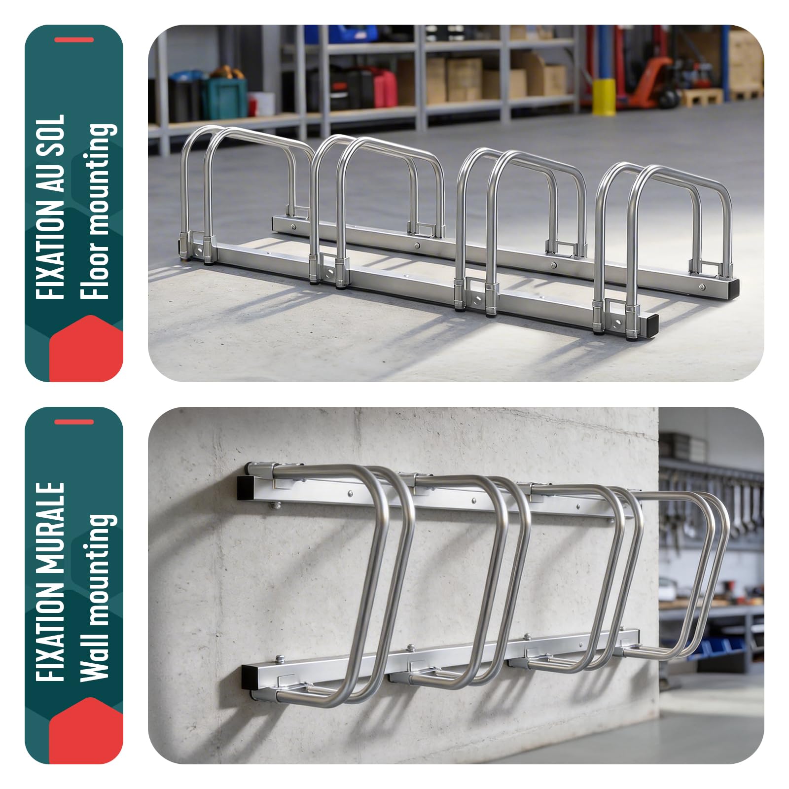 VOUNOT® Rastrelliera per Biciclette, Rastrelliera Portabici, Installazione a pavimento e parete, 4 Posti, Argento