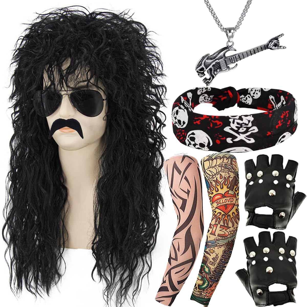 Mikbnfrb 9Pcs Rocker Costume Outfit Accessories for Men Women, 70s 80s 90s Disco Punk Halloween Party Accessories Black Curls Wigs
