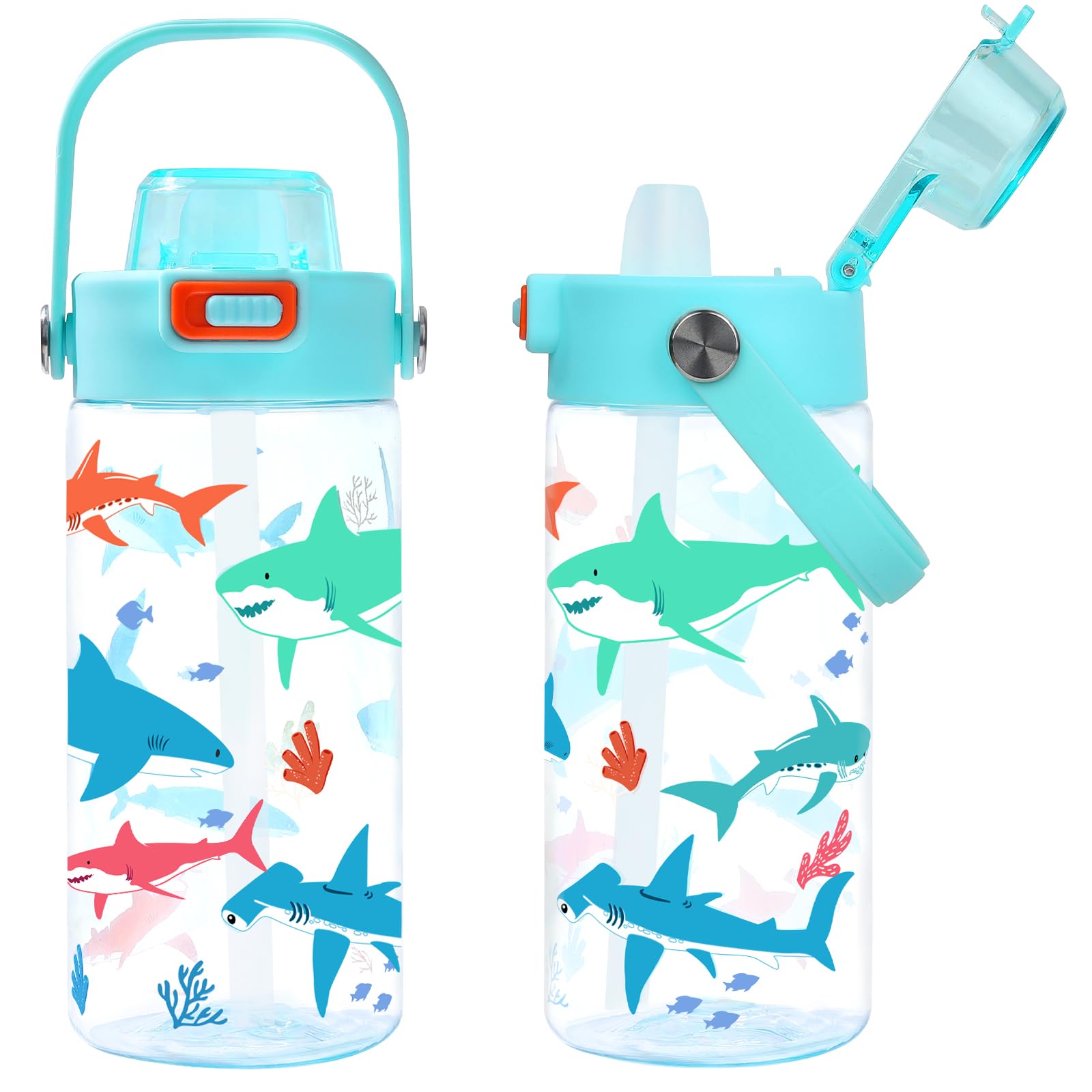 Queenshin Shark Kids Water Bottle for Boys with Straw, 600ML BPA-Free Tritan Leakproof Blue Cartoon Sharks Cup with Lid Handle Pop-Up Cover Sports Back to School Christmas Birthday Gifts — image 1