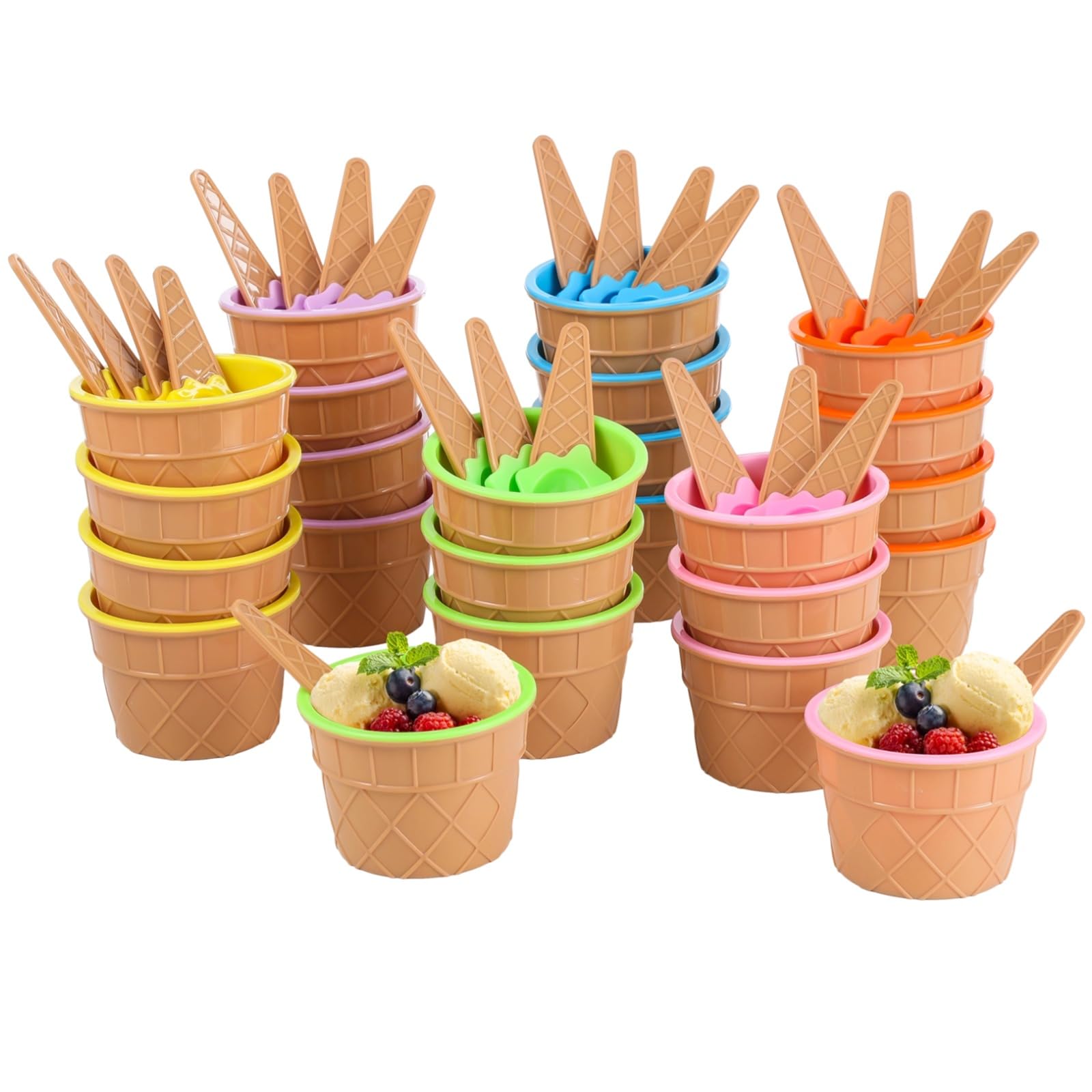 Homaisson 24 Pcs Ice Cream Bowls with Spoons, Reusable Plastic Colorful Dessert Bowls, Drop-Resistant Ice Cream Cups for Yogurt, Ideal for Summer Parties and Events