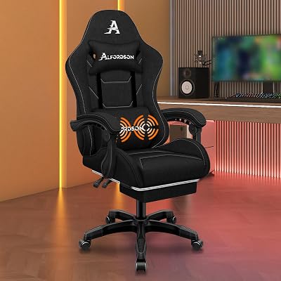 ALFORDSON Silla Gaming Ergonómica con Masaje, Silla Gamer de Oficina con Reposapiés Retráctil, Lumbar Massaggiante,Altura Ajustable,Asiento Cómodo,Reclinable 150°,Soporta 180 kg, Lino(Negra)