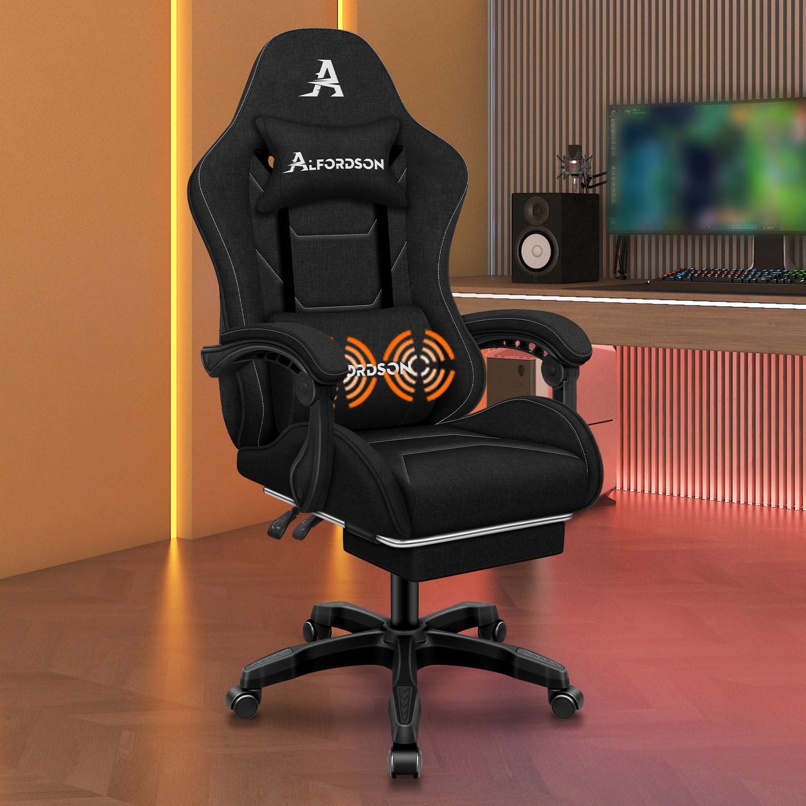 ALFORDSON Silla Gaming Ergonómica con Masaje, Silla Gamer de Oficina con Reposapiés Retráctil, Lumbar Massaggiante,Altura Ajustable,Asiento Cómodo,Reclinable 150°,Soporta 180 kg, Lino(Negra)