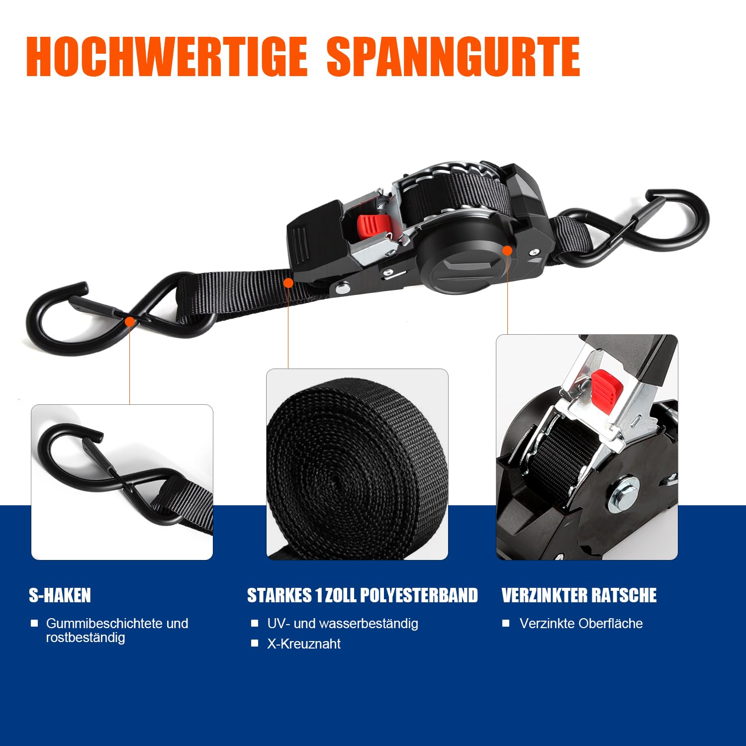 4 Stück Automatik Spanngurt mit S Haken | Automatischer Spanngurtaufroller 3m x 25mm,750KG Bruchlast | Selbstaufrollende Spanngurte für Motorrad, Anhänger und LKW, Schwarz