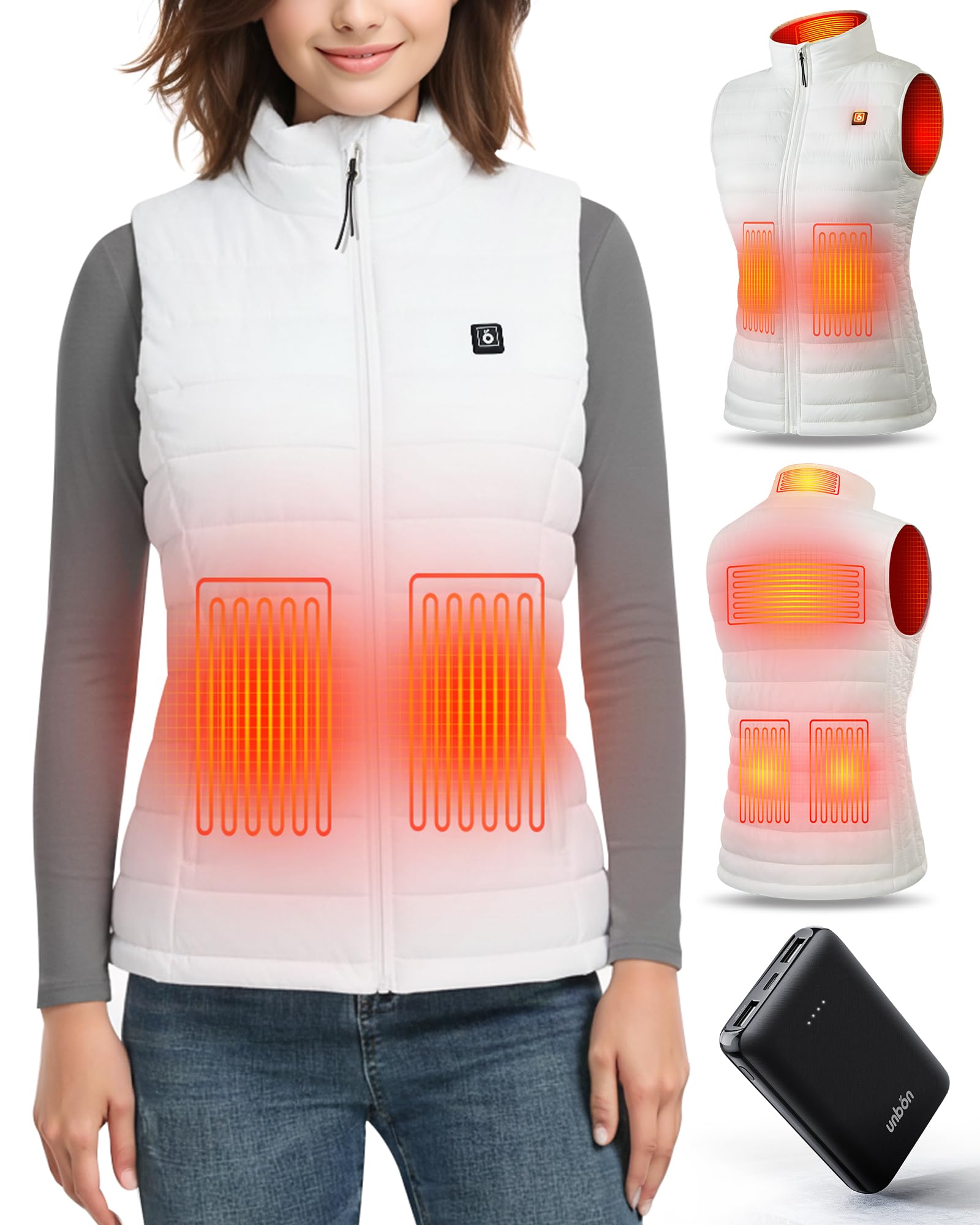 UNBON Gilet Riscaldato Donna, Giubbotto Riscaldato Donna con Batteria USB 10000mAh, Giacca Riscaldata con 3 Temperatura 6 Zone di Calore, Gilet Giubbotto Termico Riscaldante Invernale